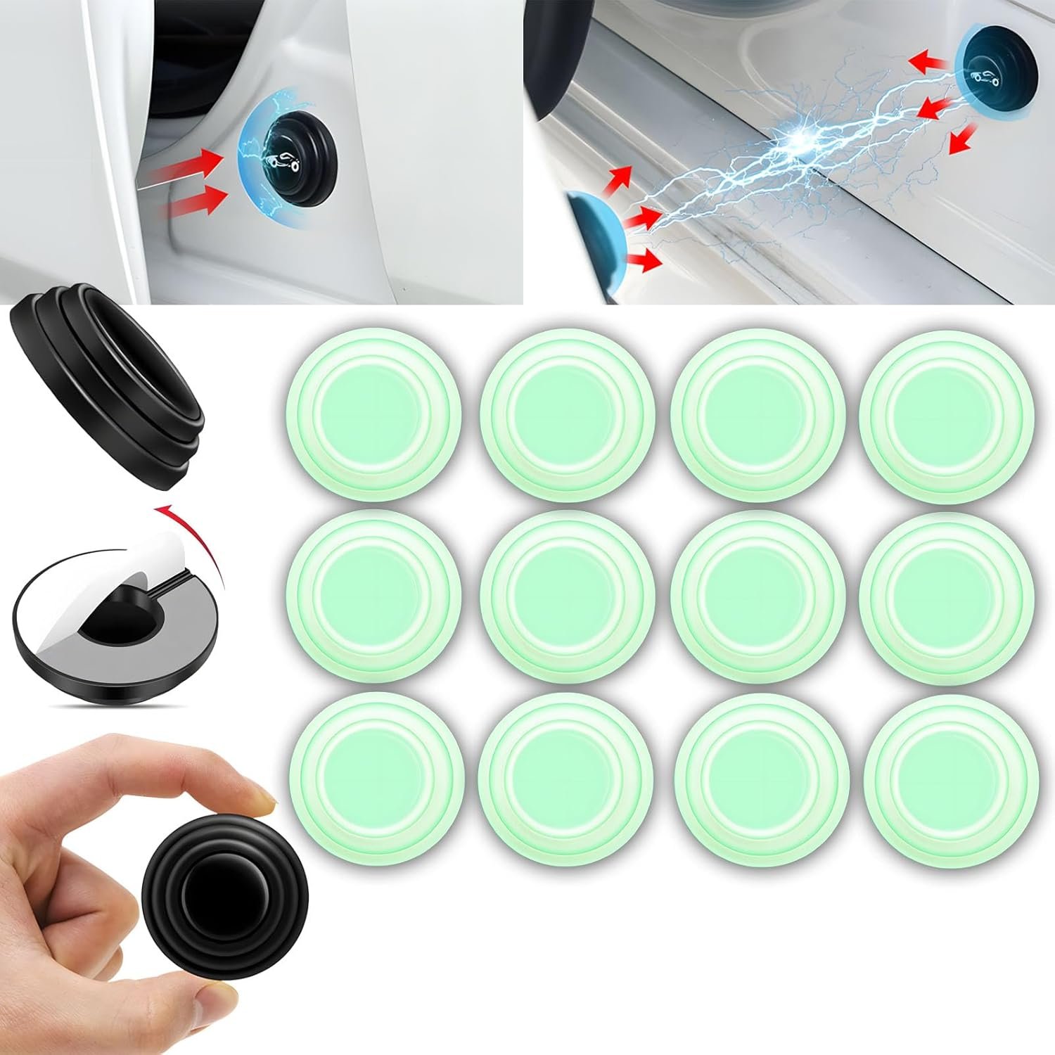 Car Door Bumper Protection Pads,Car Door Shock Absorber Pads,Universal Sealing Car Door Shock Absorbing Gasket,Car Door Protector Stickers,Car Door Edge Guards for Bumper,Hood,Trunk (Luminous*12)