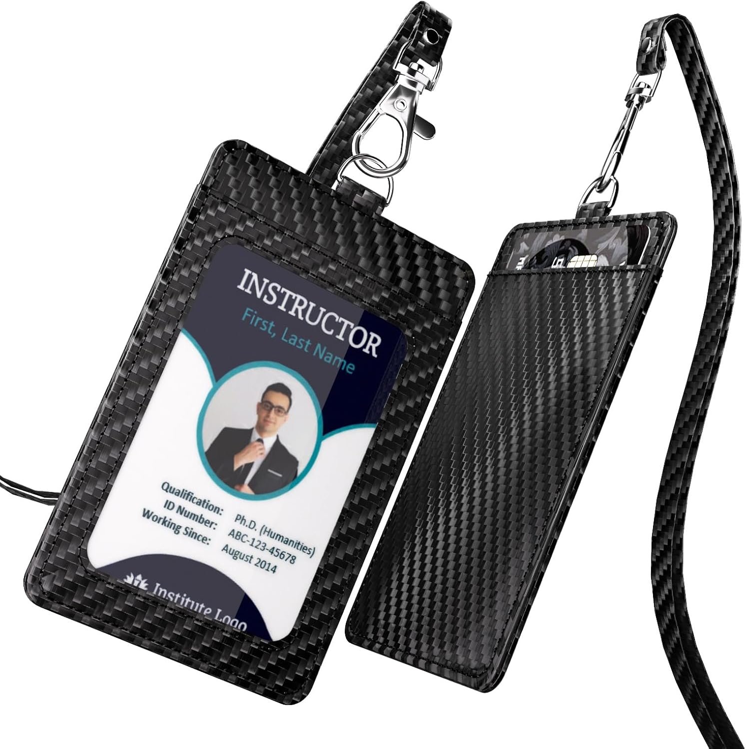 Carbon Fiber Work ID Card Holder with Lanyard is a Stylish and Durable Card Holder with Dual Card Capacity, Clear Display Window and Privacy Back Pocket (Black)
