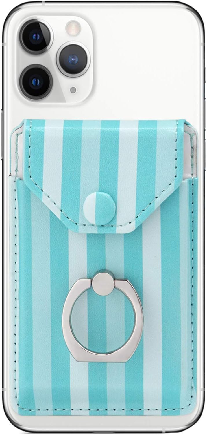 Cell Phone Card Holder RFID Ring Stand Stick on Wallet Card Holder for Back of Phone for iPhone Android and All Smartphones Green Striped
