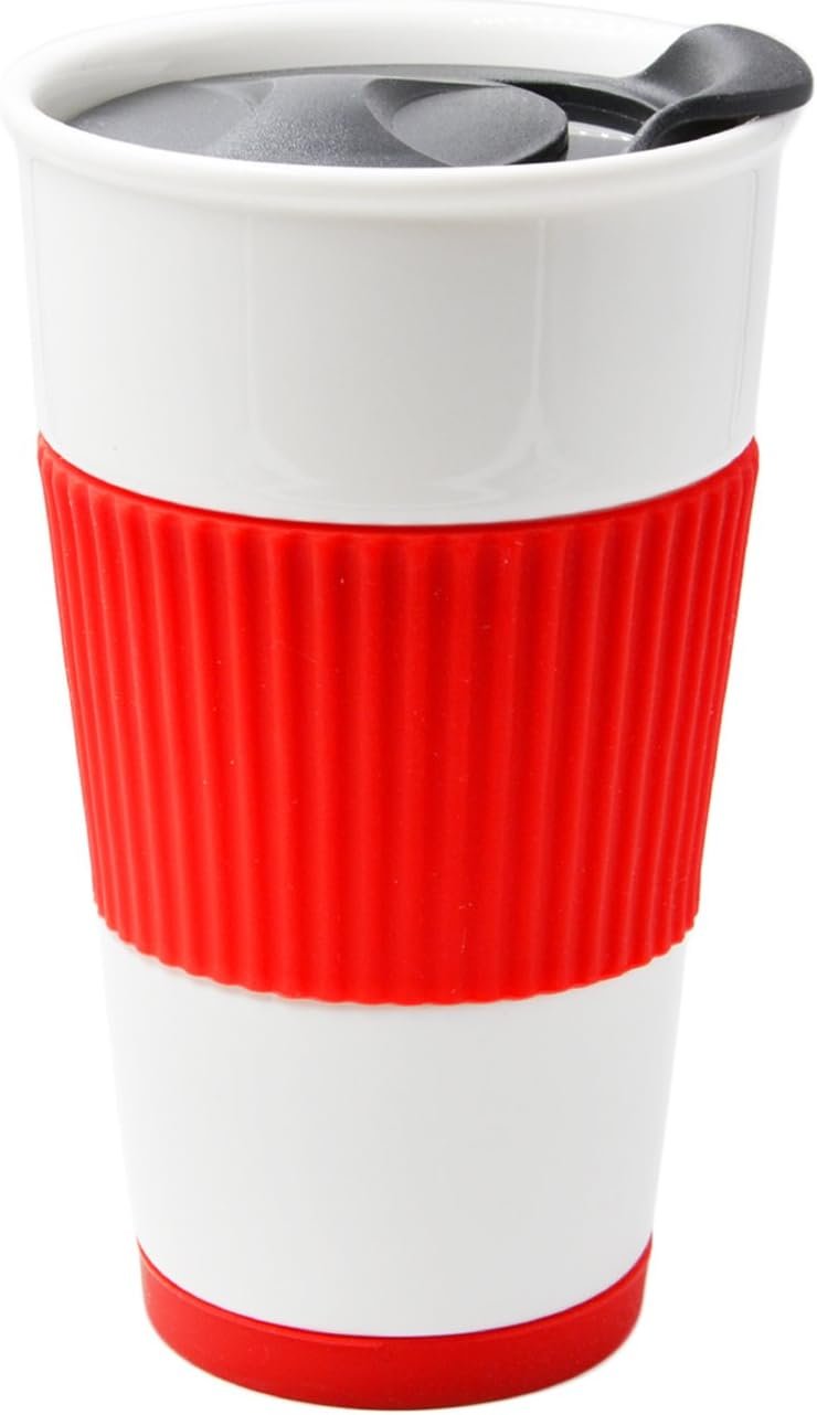 Ceramic Double Wall Insulated Travel Coffee Cup with Slider Lid, Silicone Sleeve & Built-In Coaster, 10 fl.oz (Red)