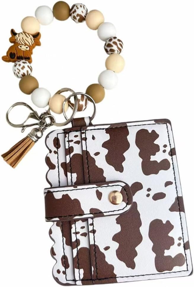 Cow Wristlet Keychain with Wallet Silicone Beaded Wristlet Bracelet Keychain for Women Cow Lover