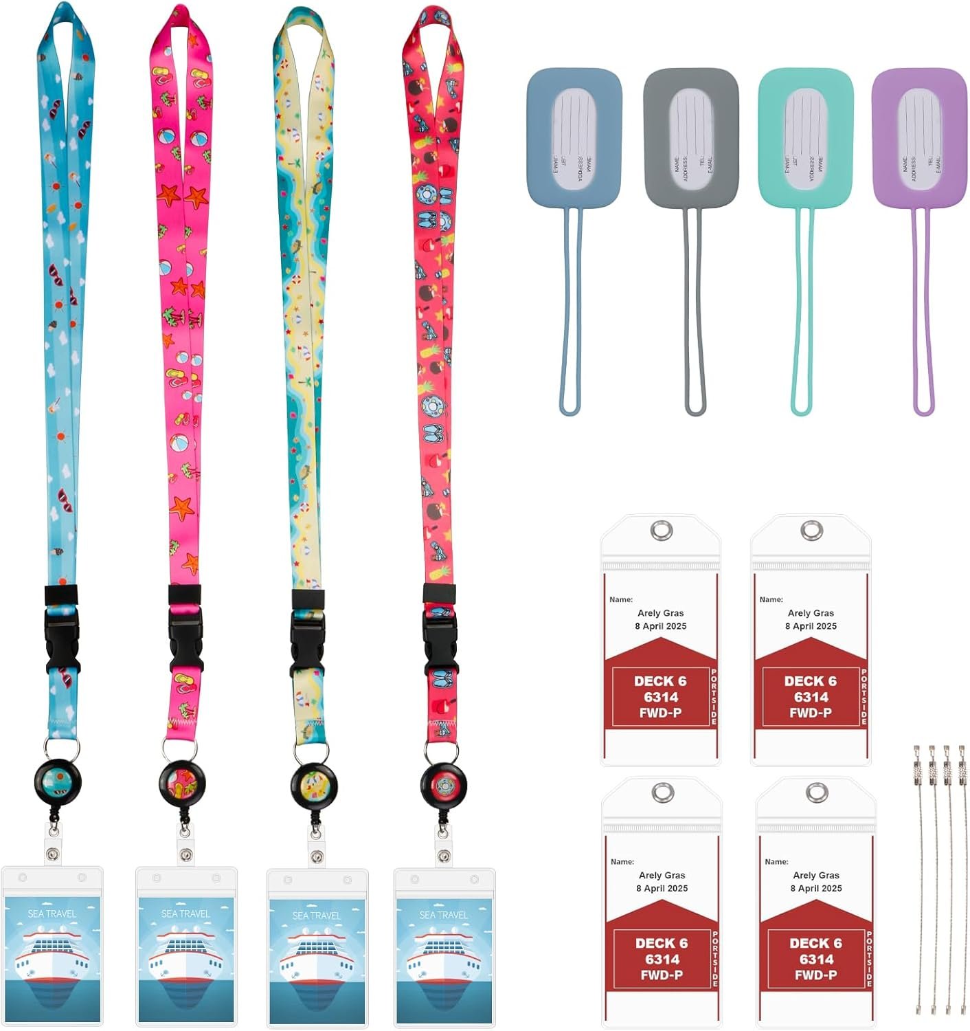 Cruise Essentials 2025, 4 Pack Lanyards with Ship Card Holders and Retractable Badge Reels,4-Pack Silicone Luggage Tag Set and 4 Pack Waterproof Luggage Tags for Cruise Ship Essentials