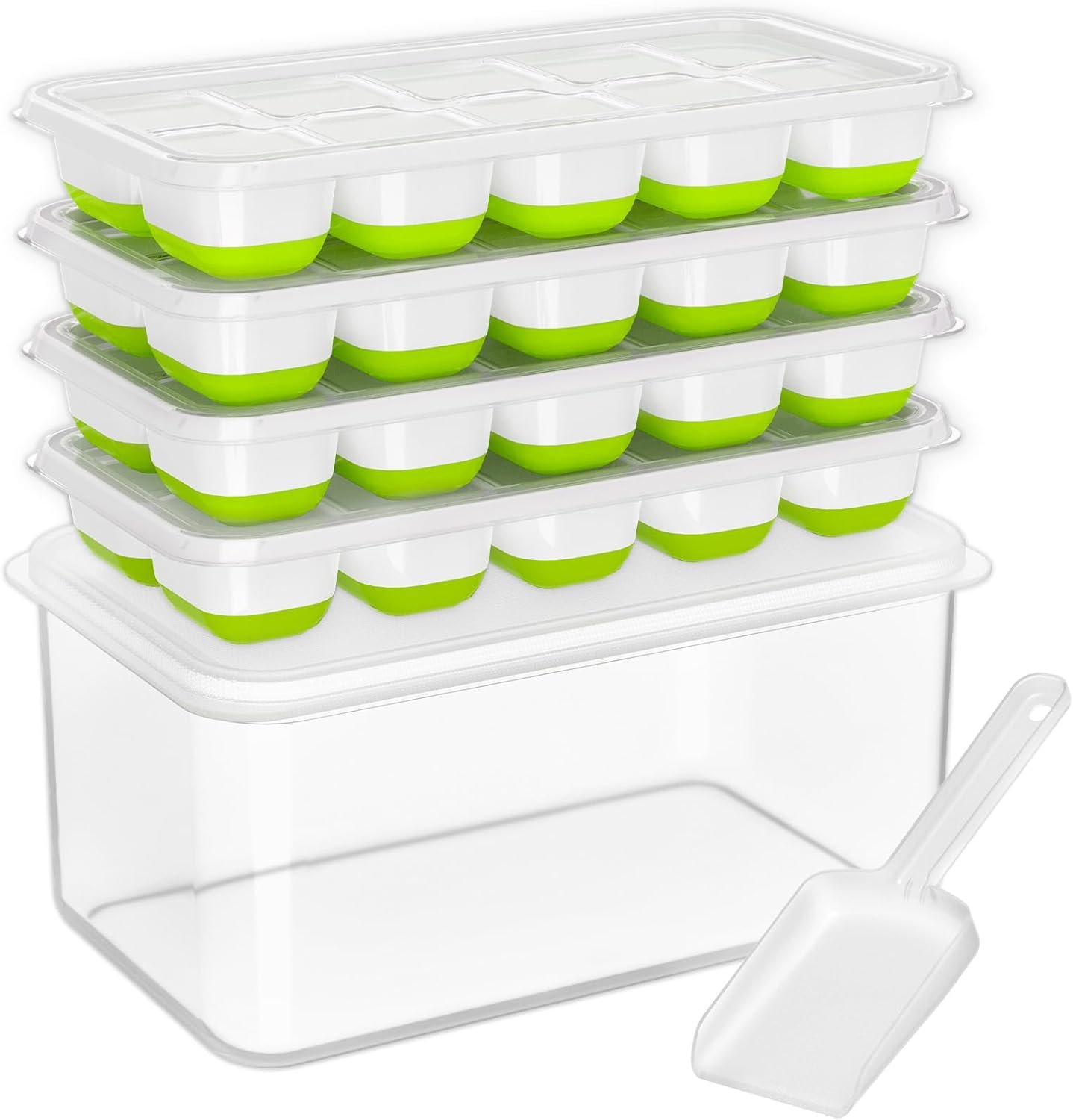 DOQAUS Ice Cube Tray with Lid and Bin, 4 Pack Silicone Plastic Ice Cubes Trays for Freezer with Box/Container, Stackable with Storage Iced Bucket Kits, Scoop, for Soup, Food, Cocktail, Coffee