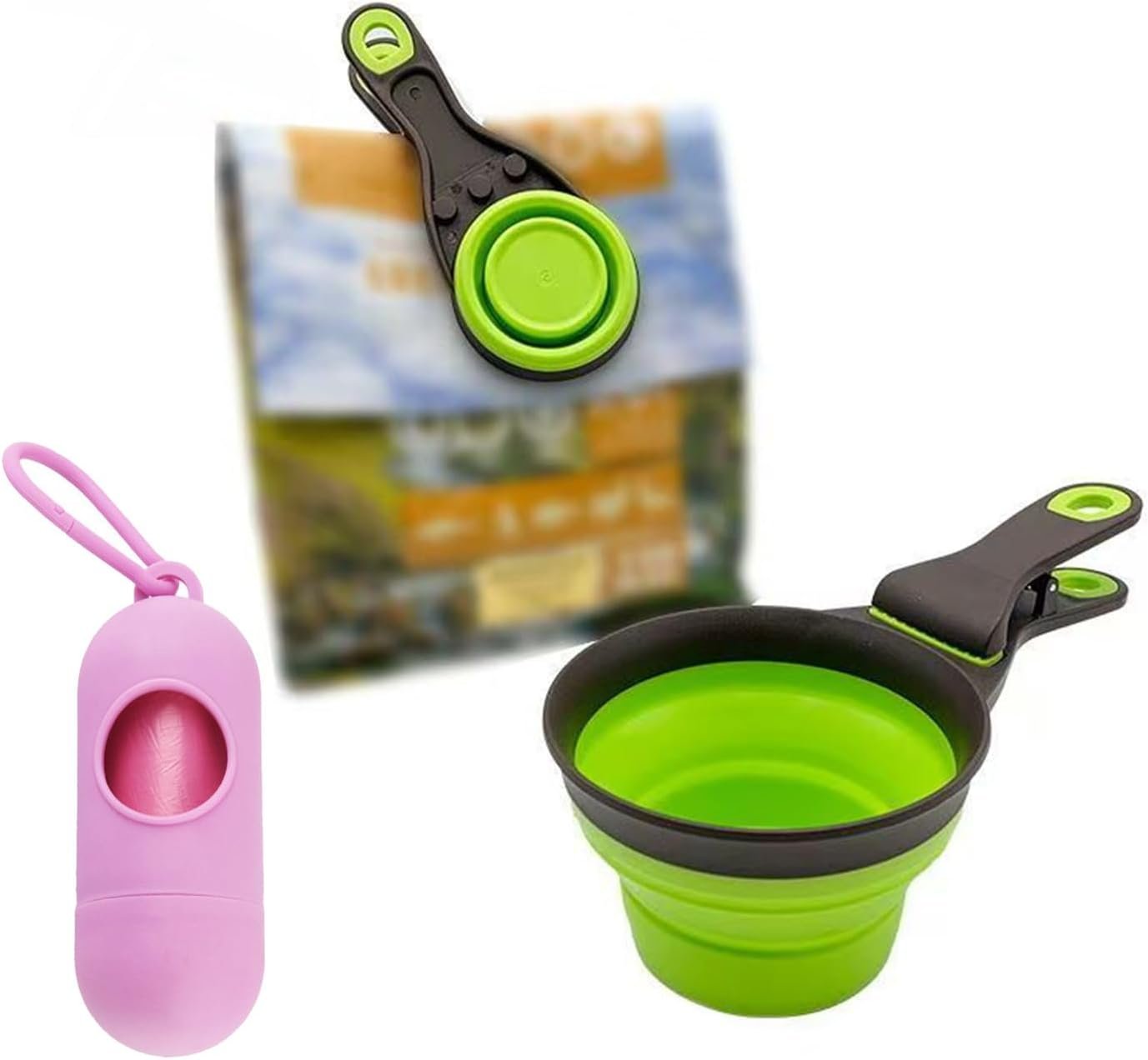 Dog-Cat Food-Scoop Measuring-Cup, food spoon Multi-Function with Measurements and Bag Clip Collapsible pets dog cat bird Food Measuring Silicone Cup,Pets Poop Bags with Dispense&2PCS