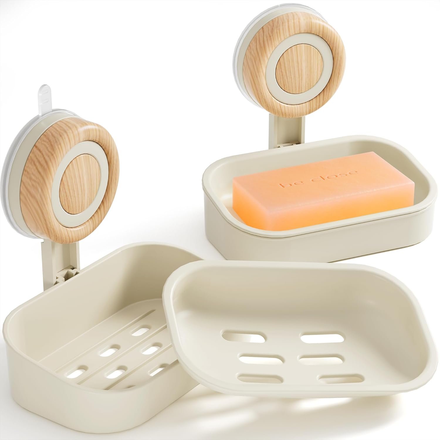 Double Layer Soap Dish for Shower 2 Pack, Wall Mounted Bar Soap Holder Suction Cup 2 Layer Self Draining Soap Case Sponge Holder for Shower Bathroom, Tub and Kitchen Sink, Drill-Free Tray