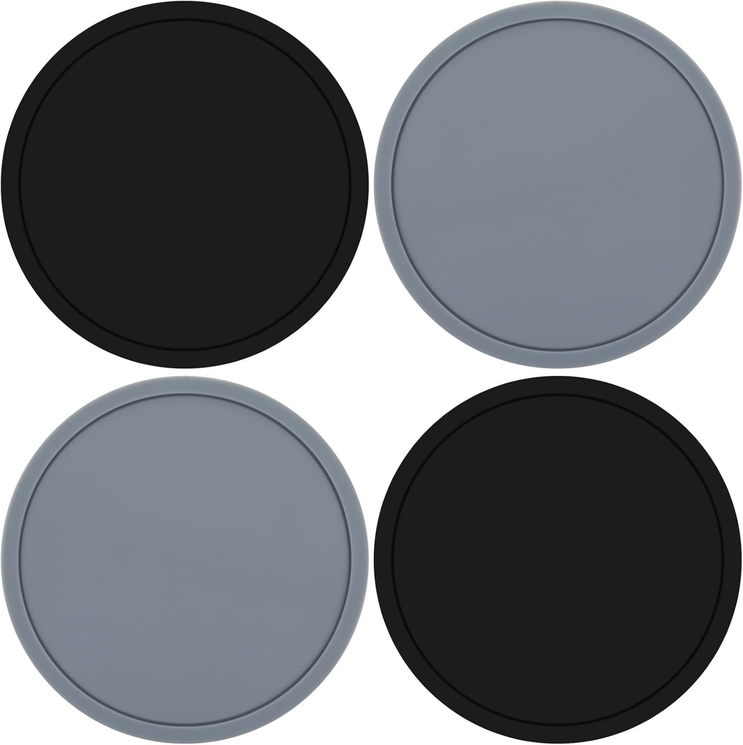 Drink Coasters Set of 4, Silicone Round Coasters for Drinks, Durable and Non-Slip Rubber Coaster for Indoor and Outdoor Use, Coffee Table Coaster, Heat Resistant and Easy to Clean(Grey & Black)