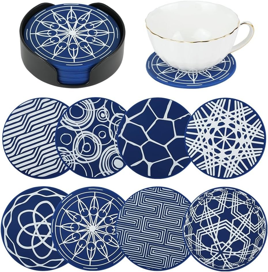 Drink Coasters Set of 8, Blue Round Silicone Coasters with Holder, Heat Resistant Cup Coaster for Outdoor, Indoor, Coffee Table, Kitchen, Office, Bar, Tabletop Protection