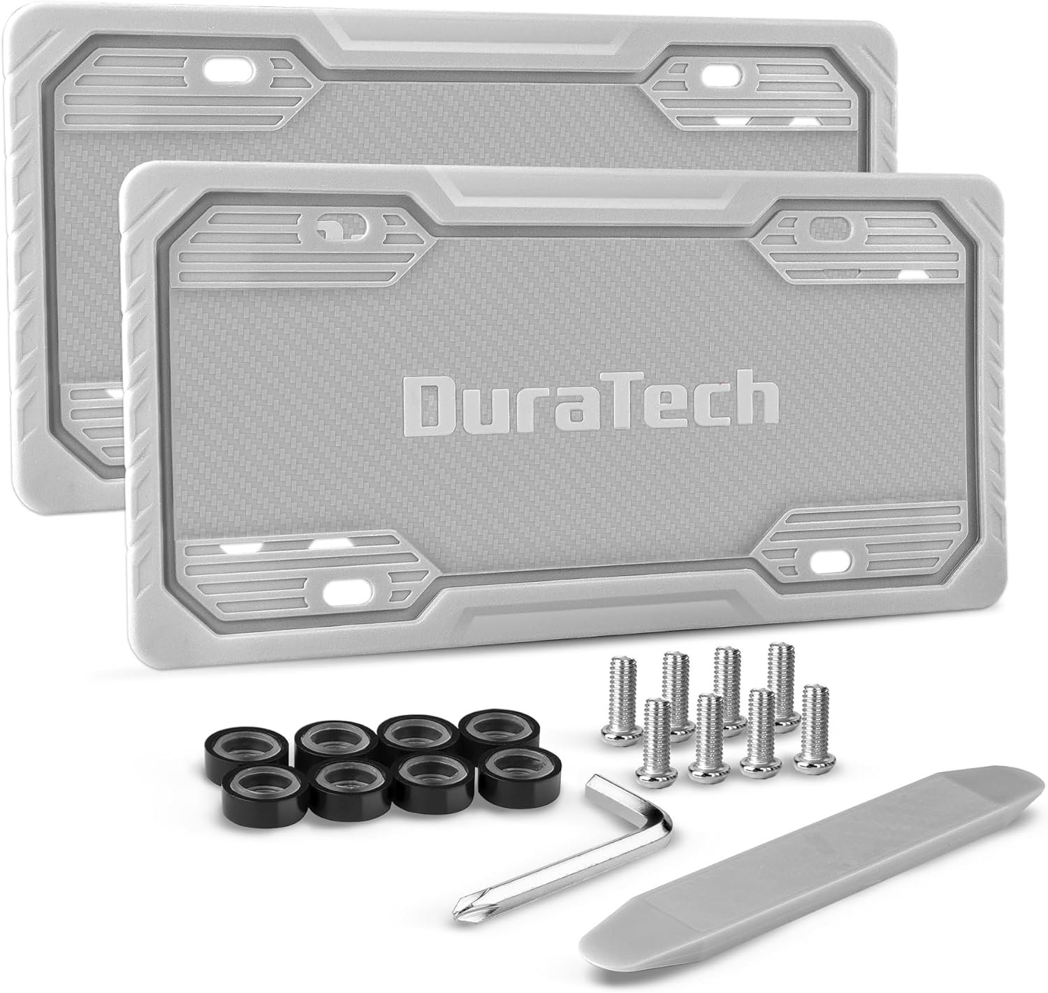 DuraTech Silicone License Plate Frames, Rust Proof Plate Cover for Car, Rattle Proof Plate Protector with Installation Tool Kits, Waterproof License Plate Holder for Extreme Weather (2Pc, Grey)