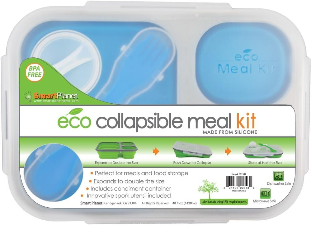 EC-34 Large 3-Compartment Eco Silicone Collapsible Meak Kit Lunch Box, Blue