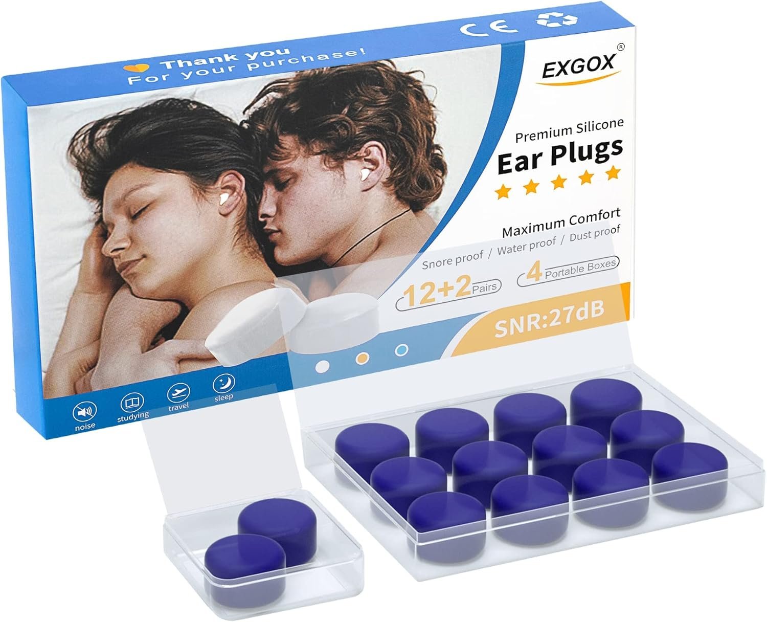 EXGOX 7 Pairs Silicone Ear Plugs for Sleeping Noise Cancelling Reusable Moldable Wax Earplugs for Swimming, Work, Airplane, SNR27dB(Dark Blue)