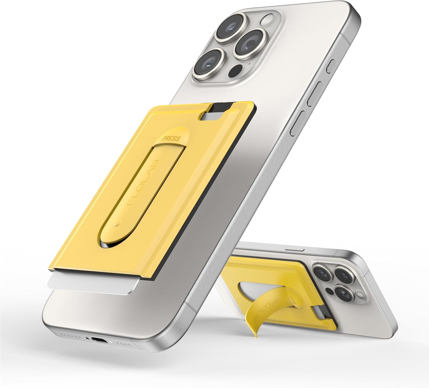 FLOLAB Magnetic Wallet for MagSafe Grip & Magnetic Wallet for iPhone 15/14/13/12: Silicone Card Holder with Secure Grip, Kickstand, Slim Design, Pocket Friendly - Cyber Yellow
