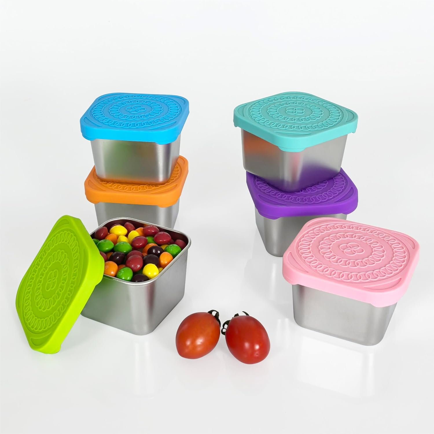 F.Y.Dreams 304 Stainless Steel Snack Containers for Kids, (6oz, Set of 6) Stackable Small Food Containers with Leakproof Silicone Lids, Metal Toddler Lunch Boxes for Daycare and School