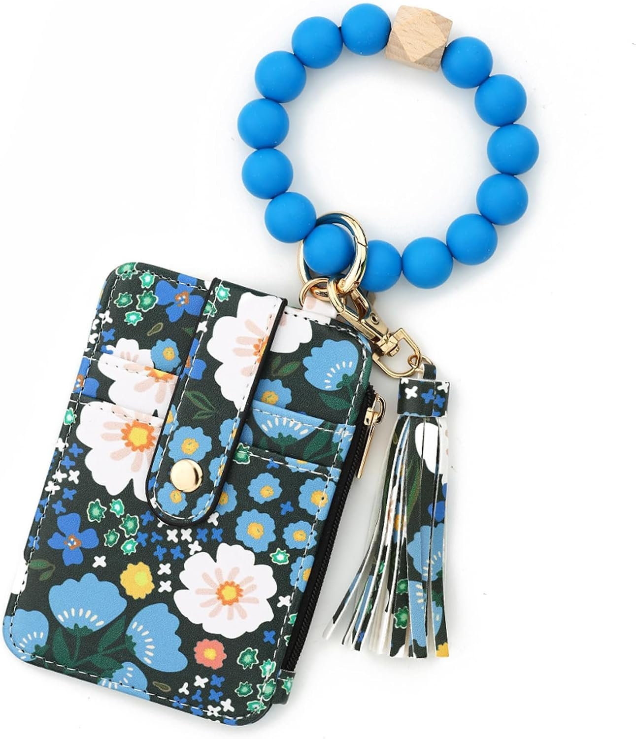 Flower Keychain Wristlet Wallets for Women Cute Silicone Beaded Credit Card Holder Aesthetic Key Ring Bracelet Leopard Wallet (Blue)