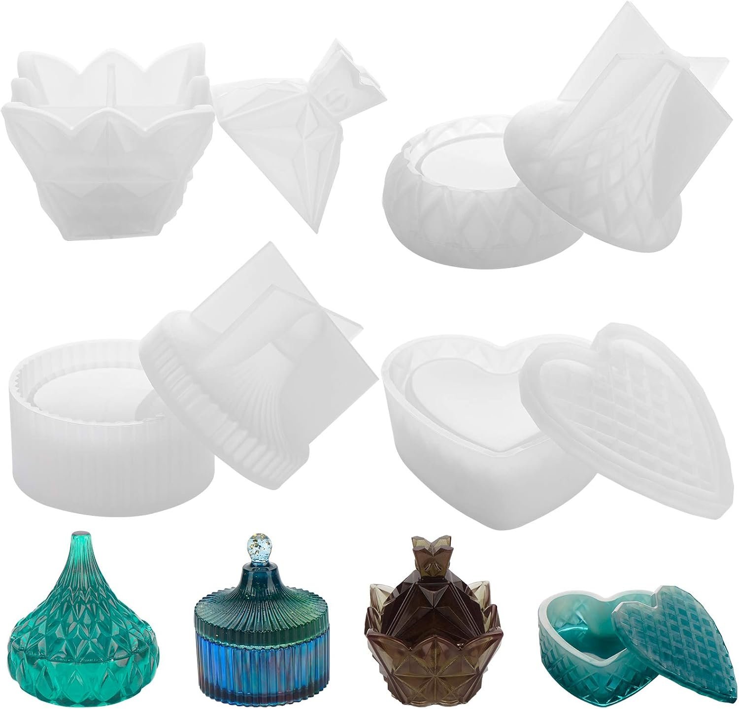 Gartful 4PCS Box Resin Molds, Silicone Jewelry Box With Pyramid Trinket Epoxy, Heart Organizer, Round Storage Holder and Drop Container for DIY Art Casting, Candy Jar