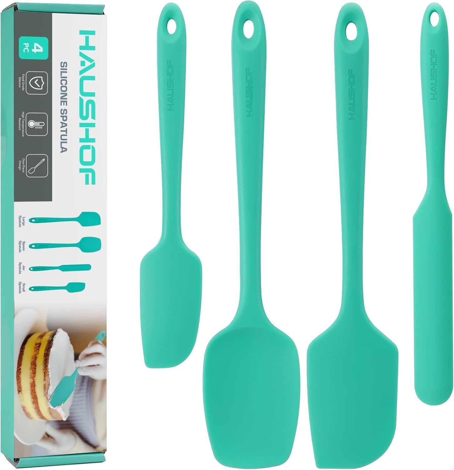 HAUSHOF Silicone Spatula Set of 4, Food Grade Silicone Spatula for Cooking, Baking, Mixing - Spatulas for Kitchen Use, One-Piece Seamless Design, 600°F High Temperature Resistant, Dishwasher Safe