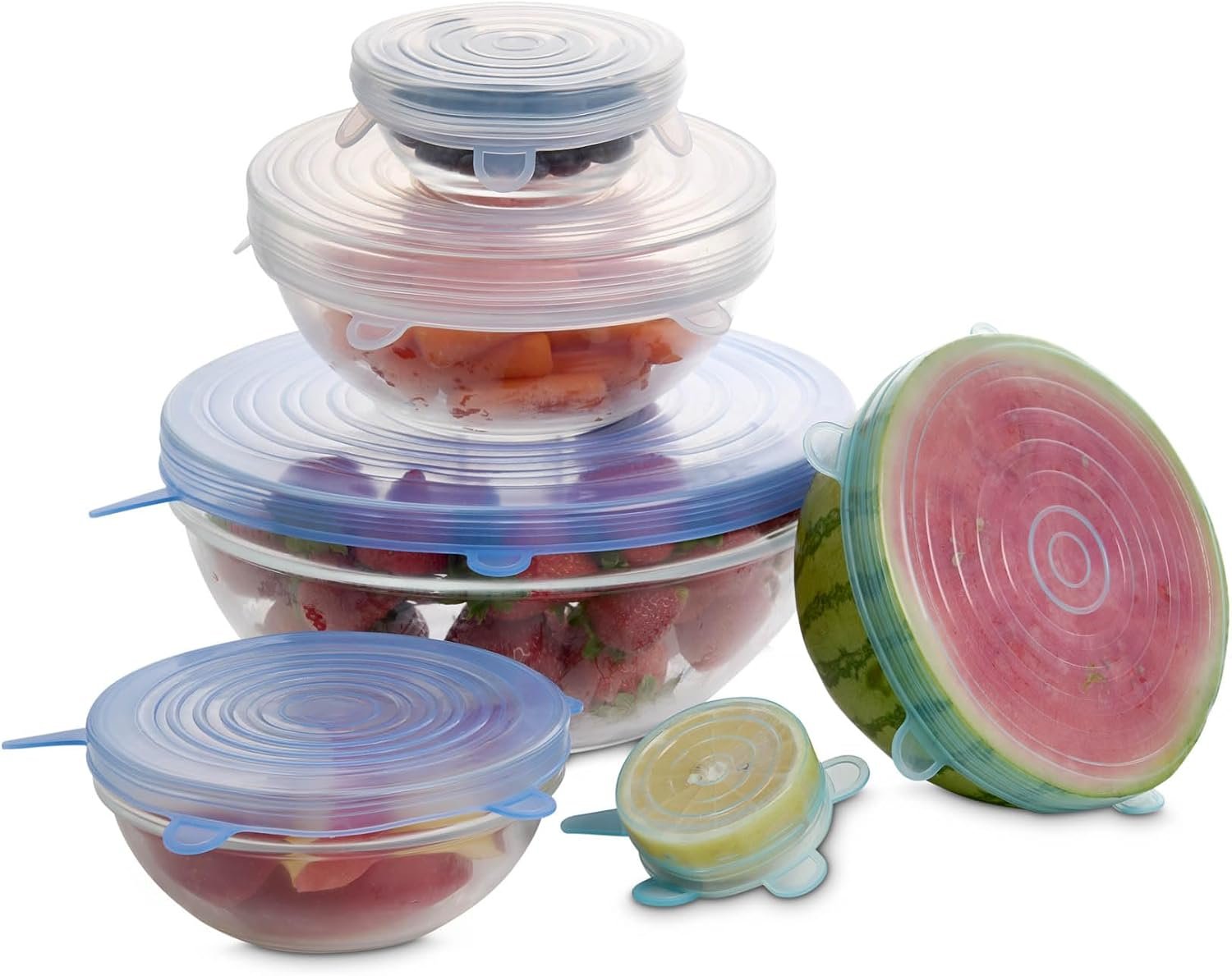 HIC Kitchen Reusable Stretch Food Storage Lids, Silicone, 13-Piece Set, Includes 12 Lids (2x 6 Sizes) Plus 1 Storage Bag