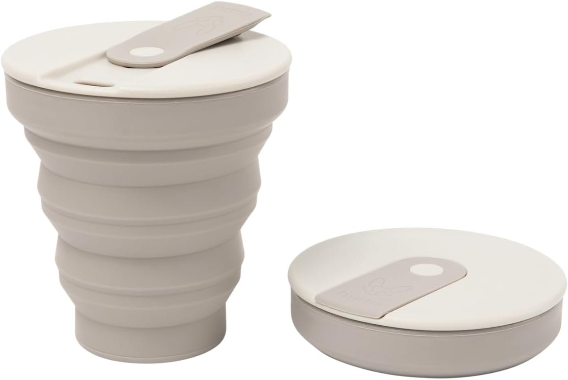 HuNu Collapsible Coffee Cup with Lid - Reusable & Microwave Safe Silicone Collapsible Cup, Foldable Cup, Portable Coffee Travel Mug/Camping Cup (12OZ, Warm Grey)*Straw Sold Separately