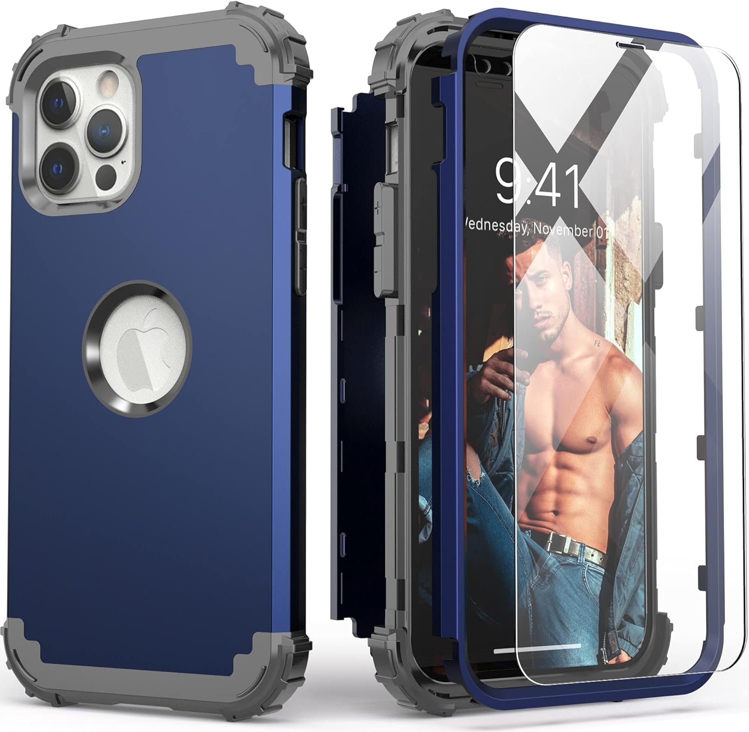 IDweel for iPhone 12 Pro Max Case with Tempered Glass Screen Protector, Hybrid 3 in 1 Shockproof Slim Heavy Duty Protection Hard PC Cover Soft Silicone Bumper Full Body Case, Blue