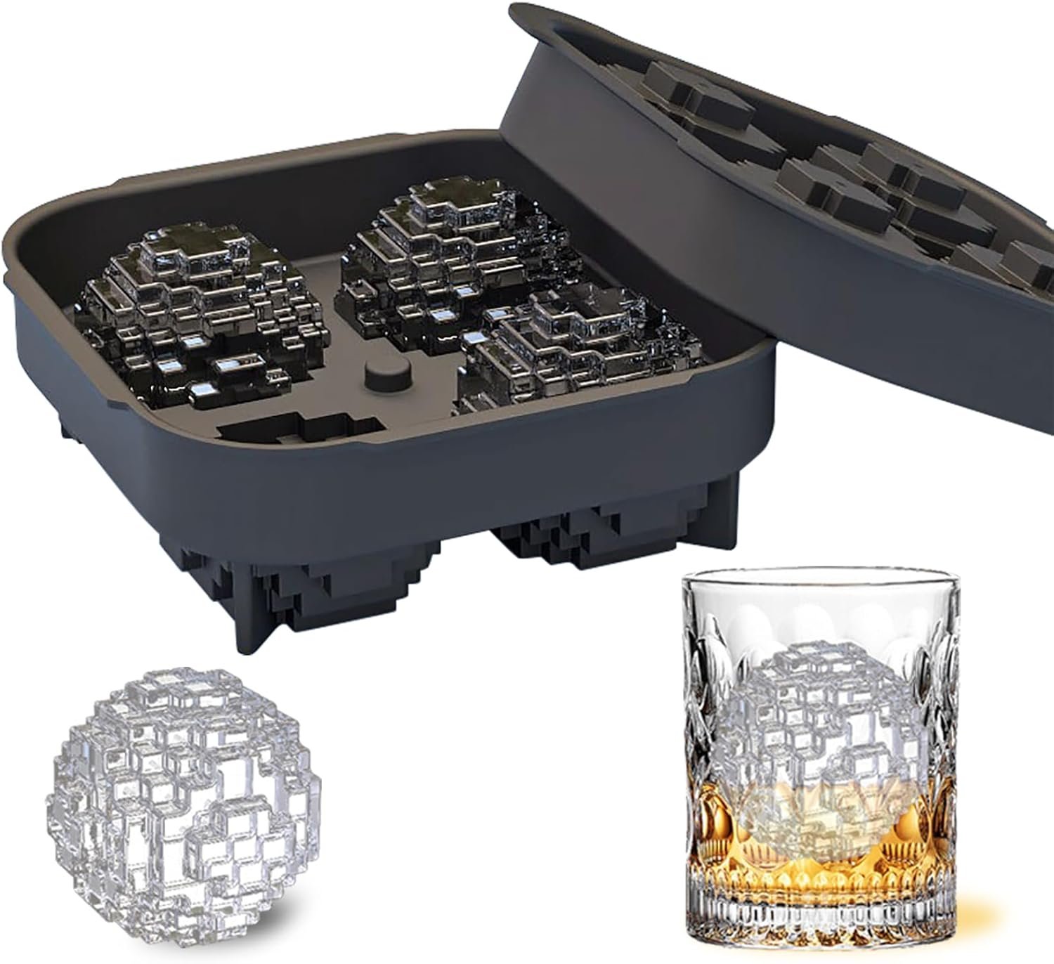 Ice Ball Molds for Whiskey - Set of 4 Round Ice Sphere Maker, Make 2.25 Inch Large Iced Cube Trays with Cover, Reusable Sphere Silicone Ices Tray for Cocktails, Bourbon, Drinks, Black