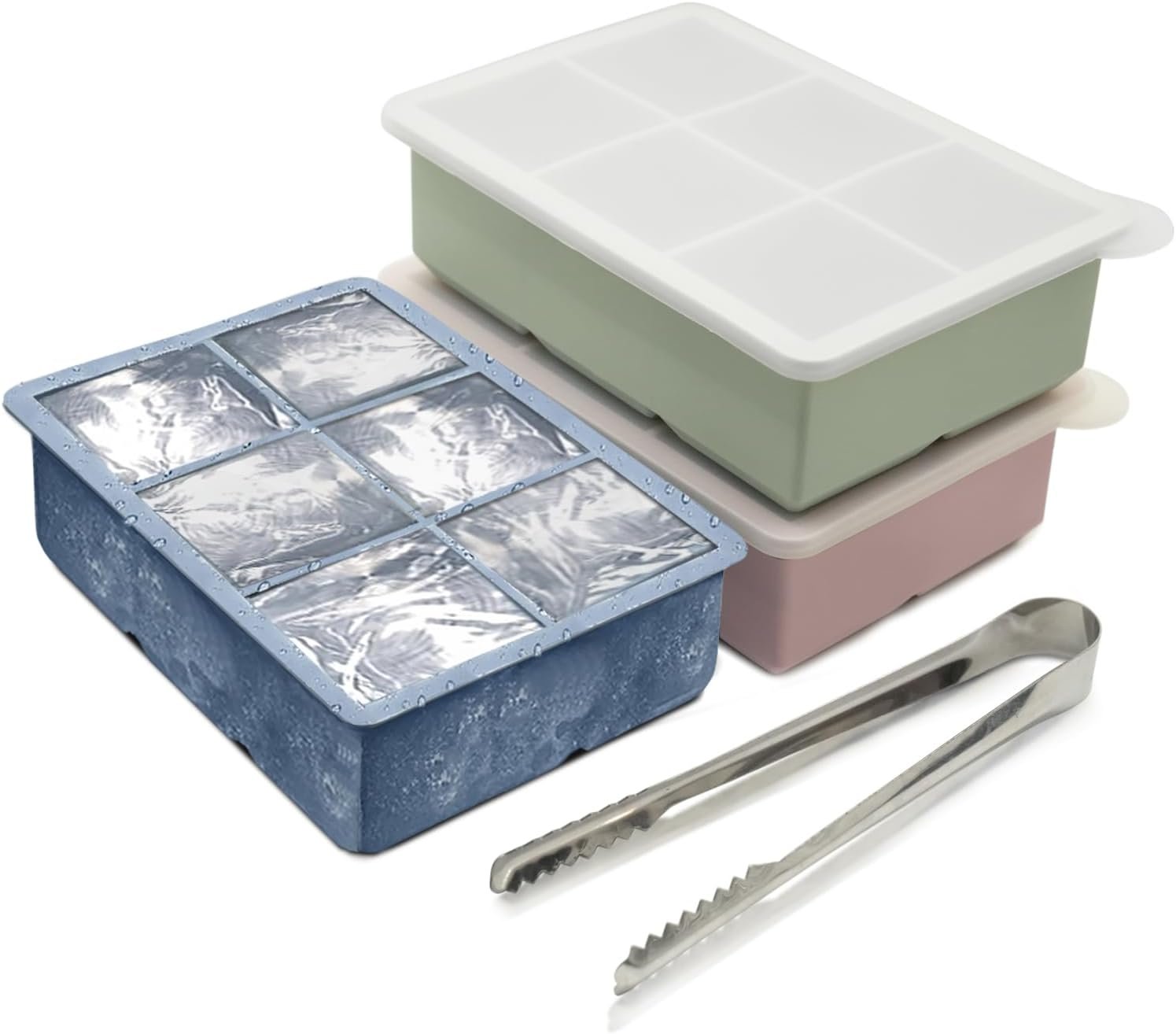 Ice Cube Trays for Freezer 3-Pack - Large Silicone Ice Cube Molds with Stainless Steel Ice Cube Holder Huge Square Ice Trays for Cocktails, Whiskey, and Brandy
