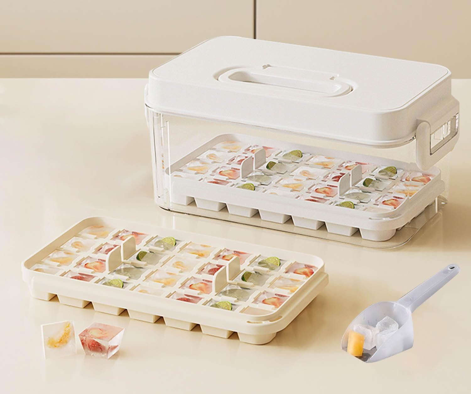 Ice Cube Trays with Lids, Scoop & Ice Bucket 28/84 Pcs Portable Silicone Ice Cube Mold with Easy Pop Out Reusable Freezer Ice Box for Fridge (White, 1 Layer(28 pcs))