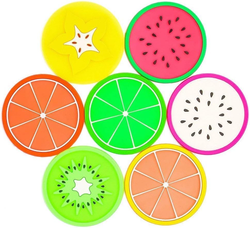 JASSINS 7 Pcs Fruit Coaster, Non Slip Silicone Heat Insulation Coasters, Cute Slice Drink Cup Mat for Bar Kitchen and Patio Tabletop
