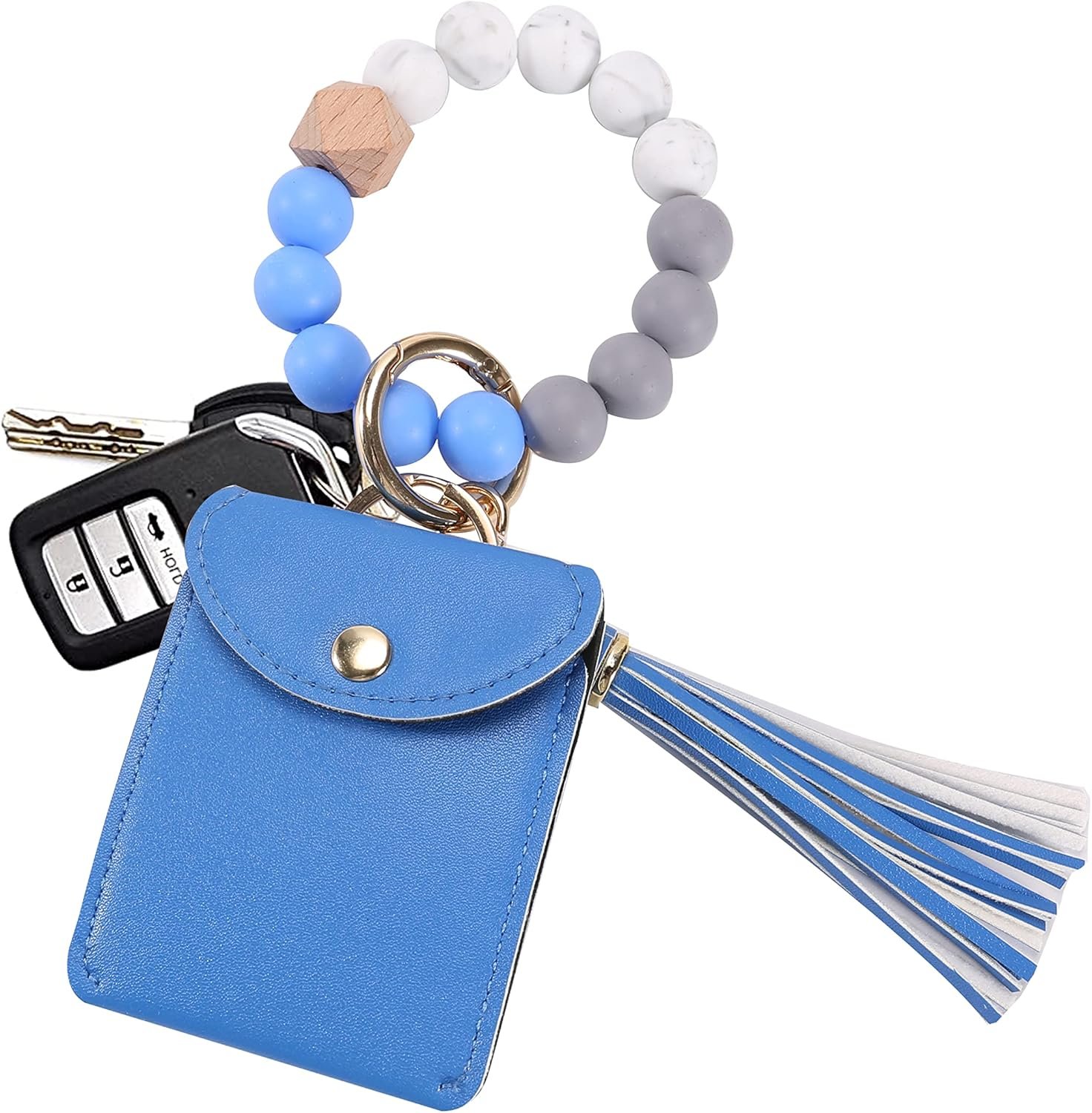 Keychain Purse Wristlet, Silicone Beaded Key Ring Bracelet with Card Wallet Elastic Keyring Bangle For Womens