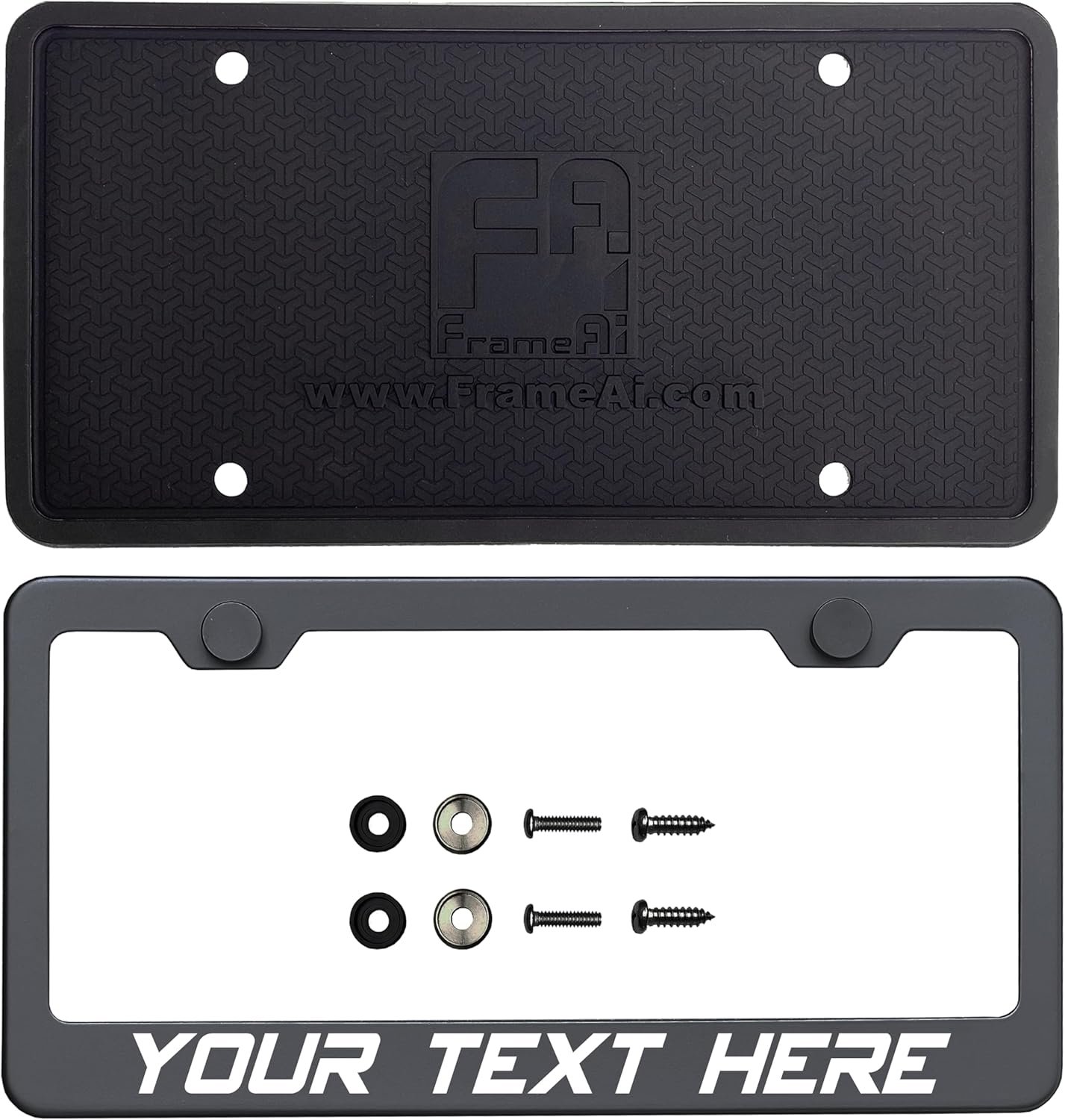 Laser Etched Customized Custom Personalized Silicone Back Guard License Plate Frame Matte Black Powder Coated Universal Fit Aluminum Screw On Cap Cover, T304 Stainless Steel (Qty: 1 Frame)