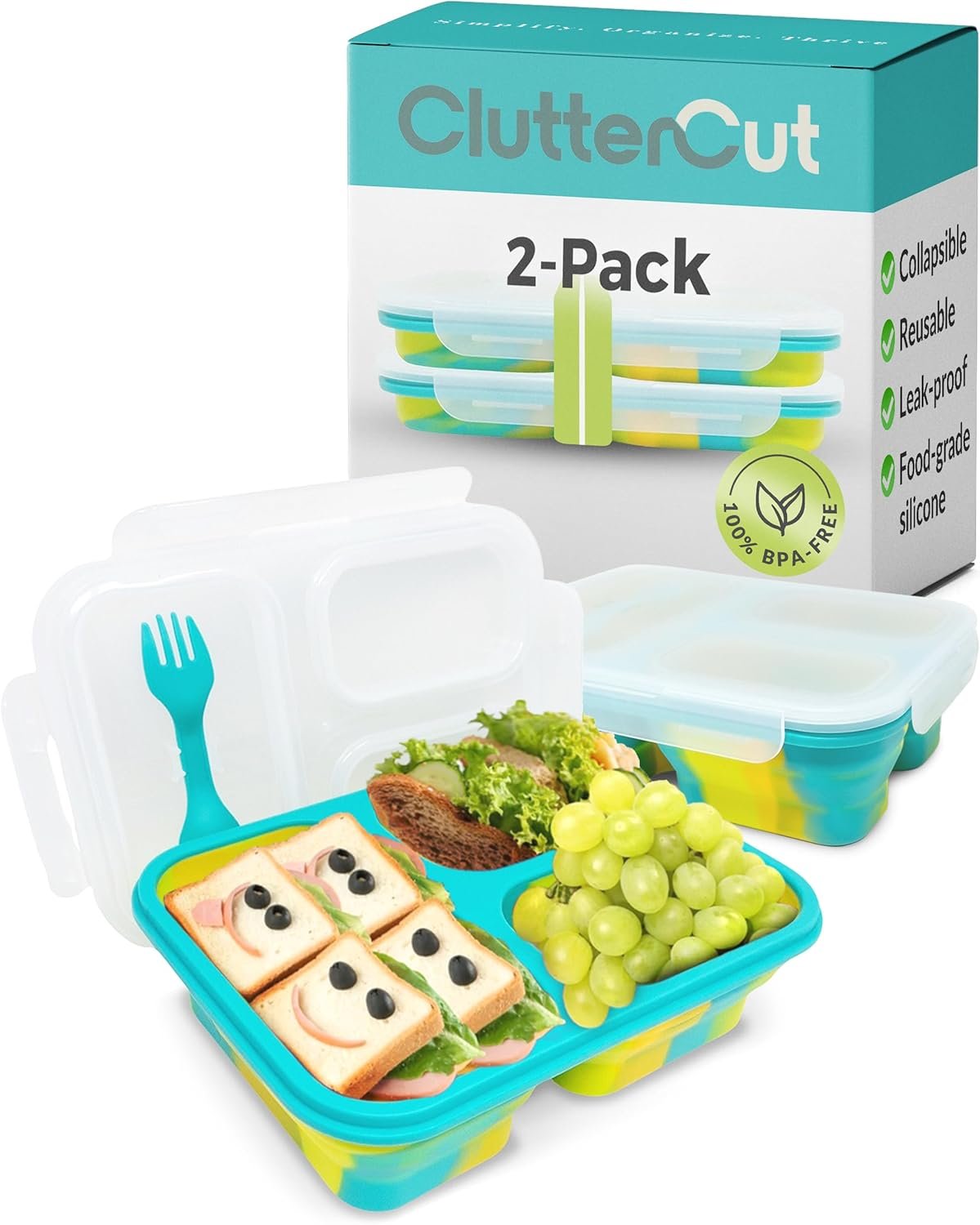 Leak Proof Bento Box - Collapsible Lunch Container with Compartments for Snacks - Portable Lunchbox for School, Daycare, Work and Travel - Easy-to-Clean Silicone Tray with Dividers Pack of 2