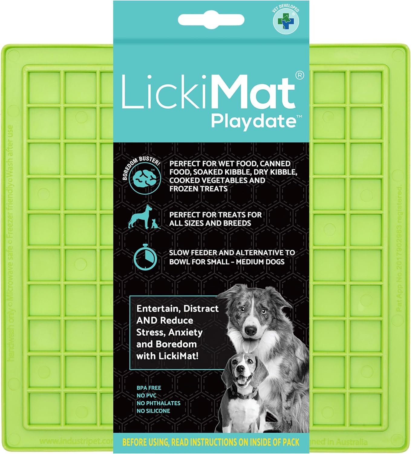 LickiMat Classic Playdate Slow Feeder for Dogs Lick Mat Boredom Anxiety Reducer Perfect for Food Treats Yogurt Liquid Food Peanut Butter Fun Alternative to a Slow Feed Dog Bowl, Green