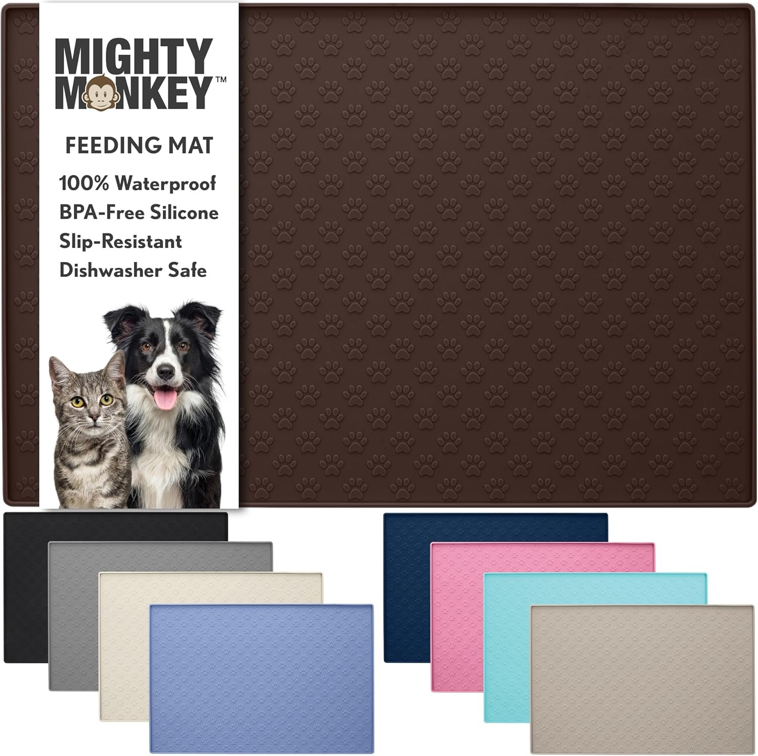 MIGHTY MONKEY 100% Waterproof Dog Food Mat, Raised Edges Silicone Pet Feeding Placemat for Cat, Dogs, Pet Bowls, High Lipped Tray Prevents Water Spills, Food on Floor, Dishwasher Safe, 24x16, Brown