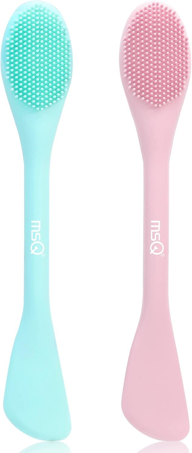 MSQ Silicone Face Mask Brush, Soft Facial Cleansing Scrubber, 2 Pack Double-End Facial Mask Brush for Mud, Clay, Charcoal Mixed Mask, DIY, Skincare Applicator Tools (Pink)