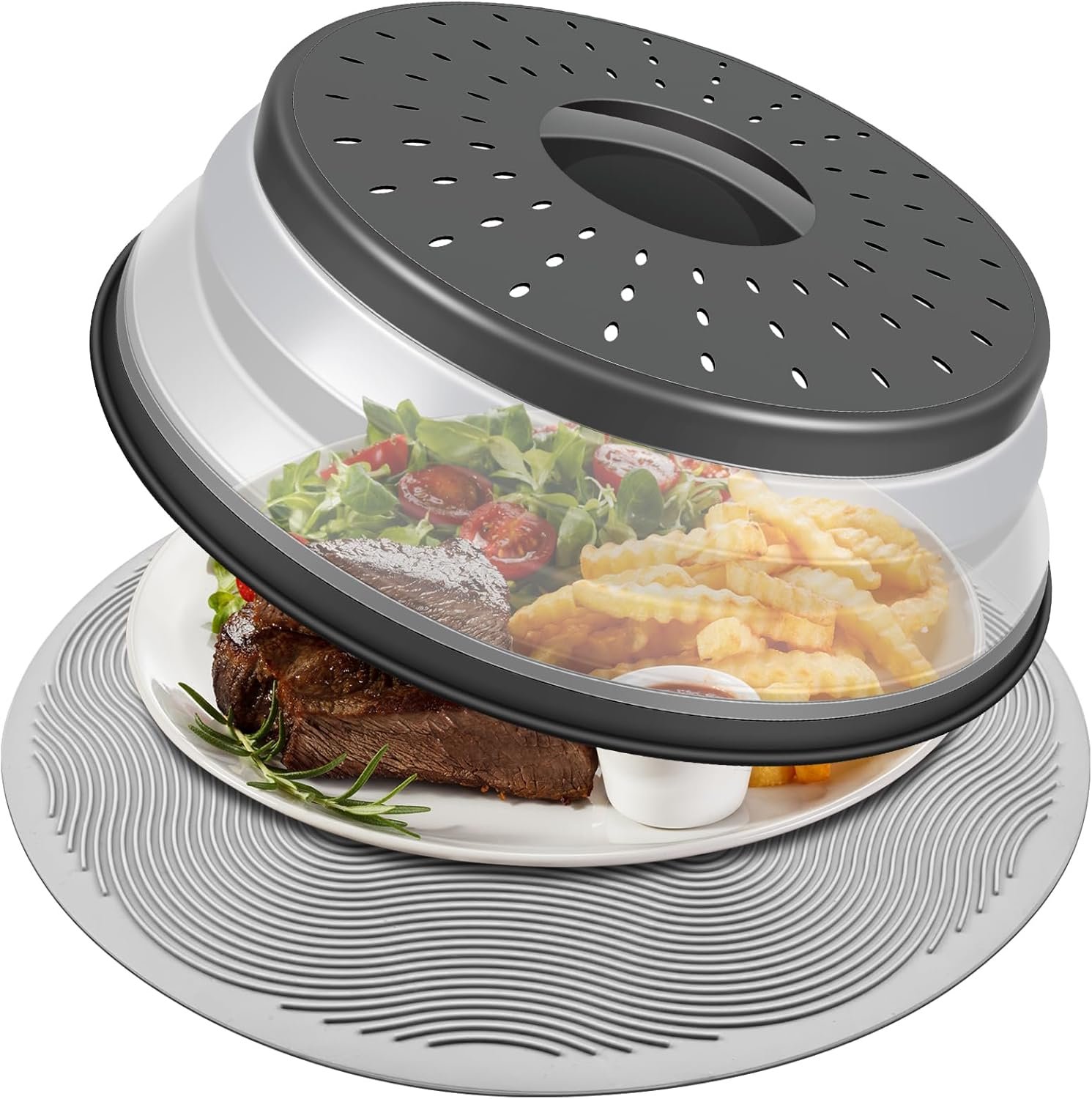 Microwave Food Cover with Mat 12 Inch, Mat as Bowl Holder, Cover for Splatter Guard, Collapsible Lid for Plate Dish, Multi-Purpose Silicone Mat & Kitchen Colander Gadget for Meal Prep,Charcoal