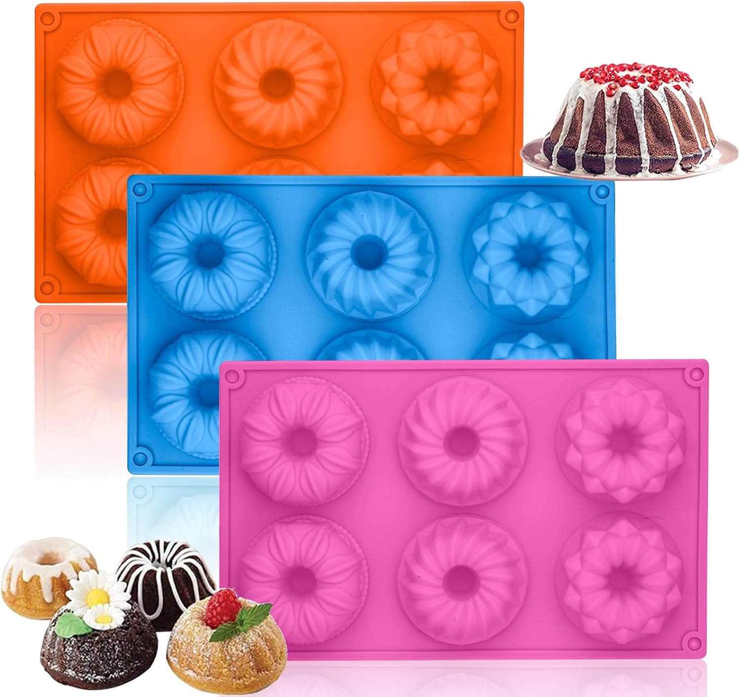 Mini Bundt Cake Pan,6-Cavity Fluted Tube Cake Pan, Non Stick Silicone Fancy Baking Molds for jello, Cupcake, Doughnut, Cornbread, Brownie (Set of 3)