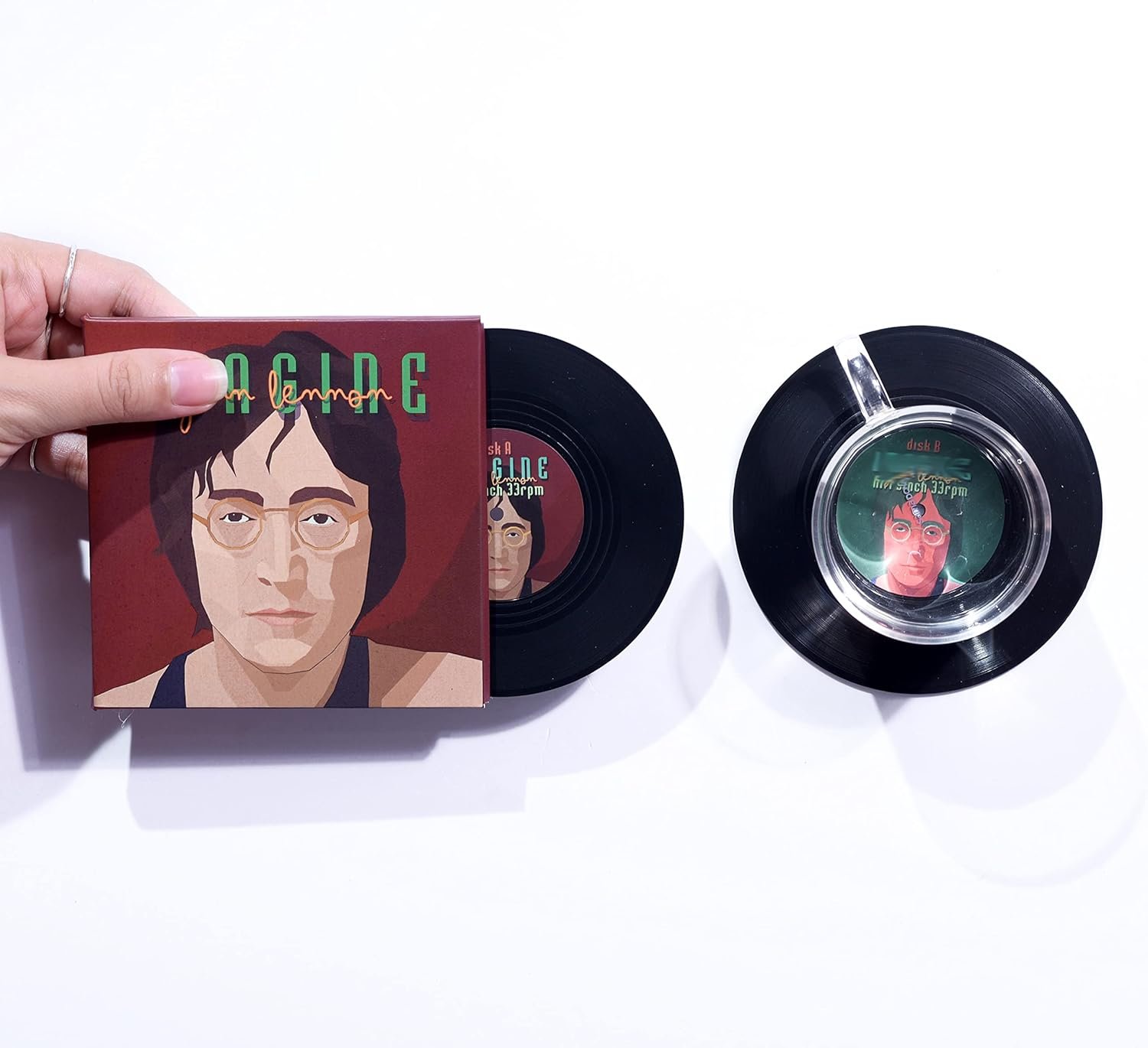 Mini Vinyl Record Coasters - Set of 2 Cool Music Coasters with Designed Album Cover Decorations - Housewarming Gift for Music Lovers (CS060)