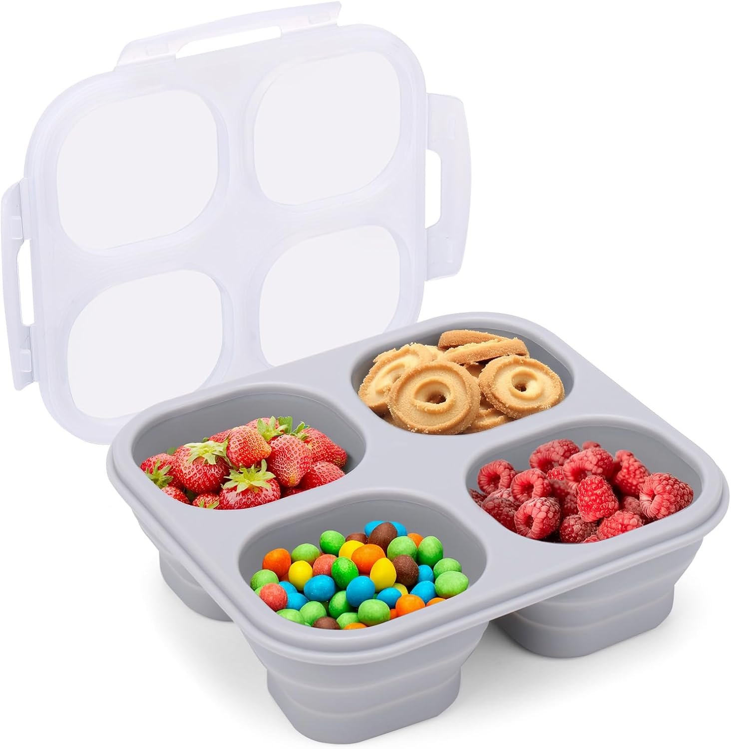 Mity rain Collapsible & Reusable Snack Containers with Lids - 4 Compartments Silicone Snack Containers Leakproof & Airtight Food Storage Box for Travel, Office, Picnic