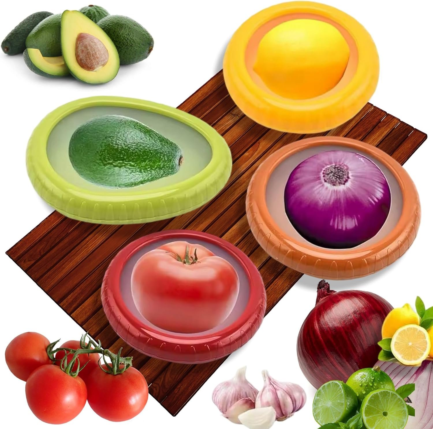 Non Slip Silicone Fruit and Vegetable Storage Containers For Fridge, Garlic Holder, Ideal for Avocado, Tomato, Onion, Lemon Halves, Herb Saver with Anti-Oxidation Design, Reusable Produce Saver 4pcs