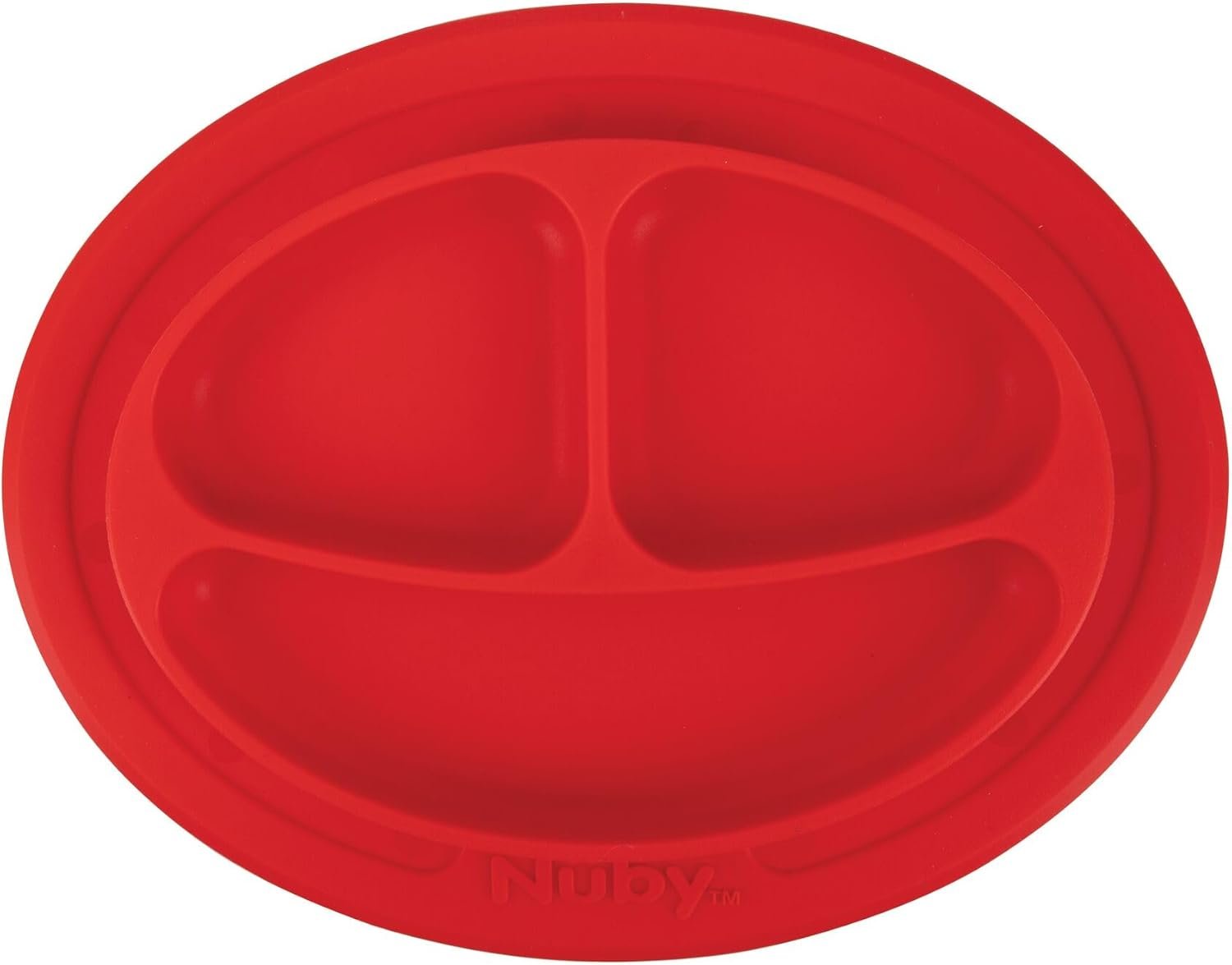Nuby Sure Grip Miracle Mat 3-Section Toddler Plate - Oval Suction Silicone Plate - 6+ Months - Red