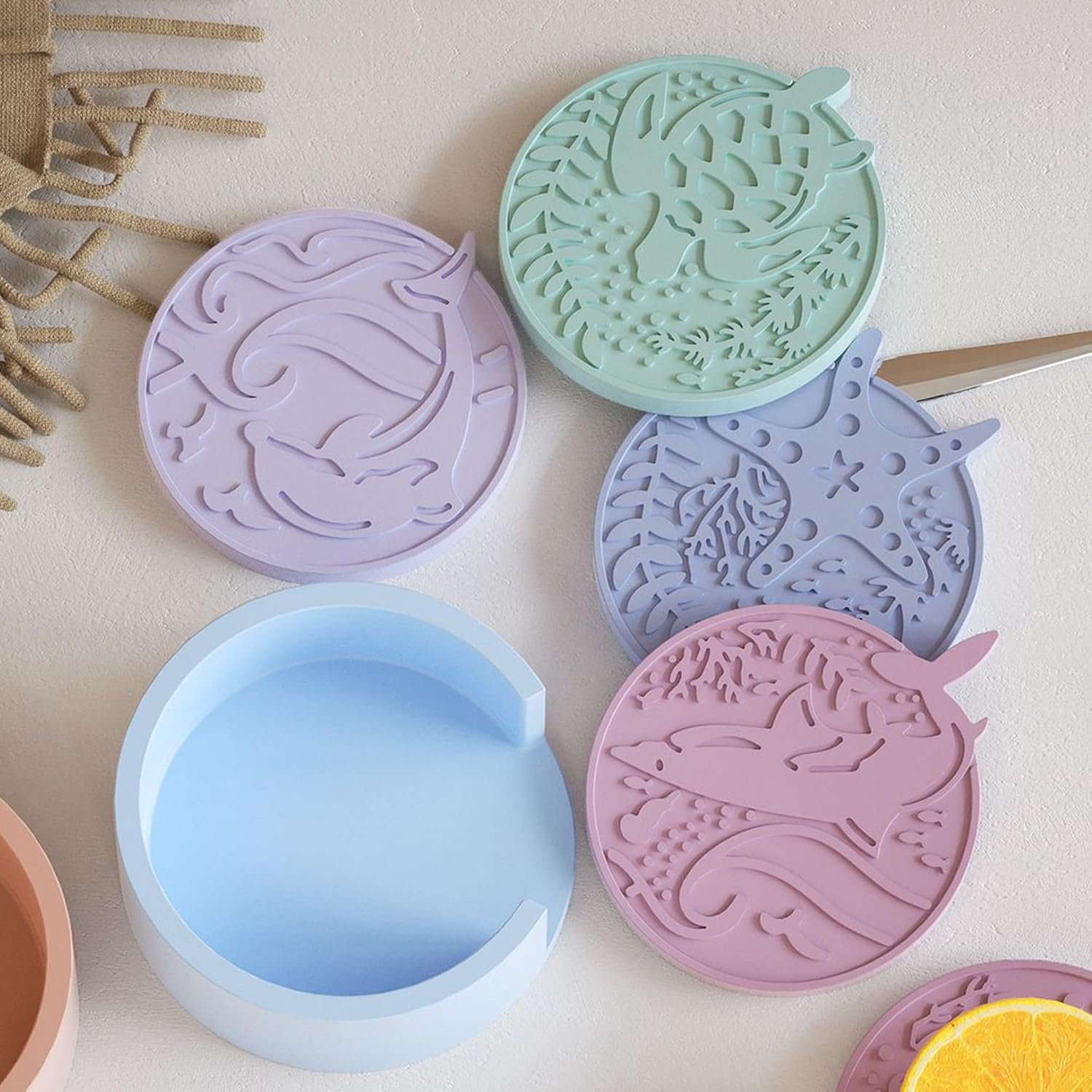 Ocean Animal Silicone Coaster Mold - 5 Coaster and 1 Holder Molds - Silicone Resin Casting Molds for Candle & Resin & Soap Craft Supplies