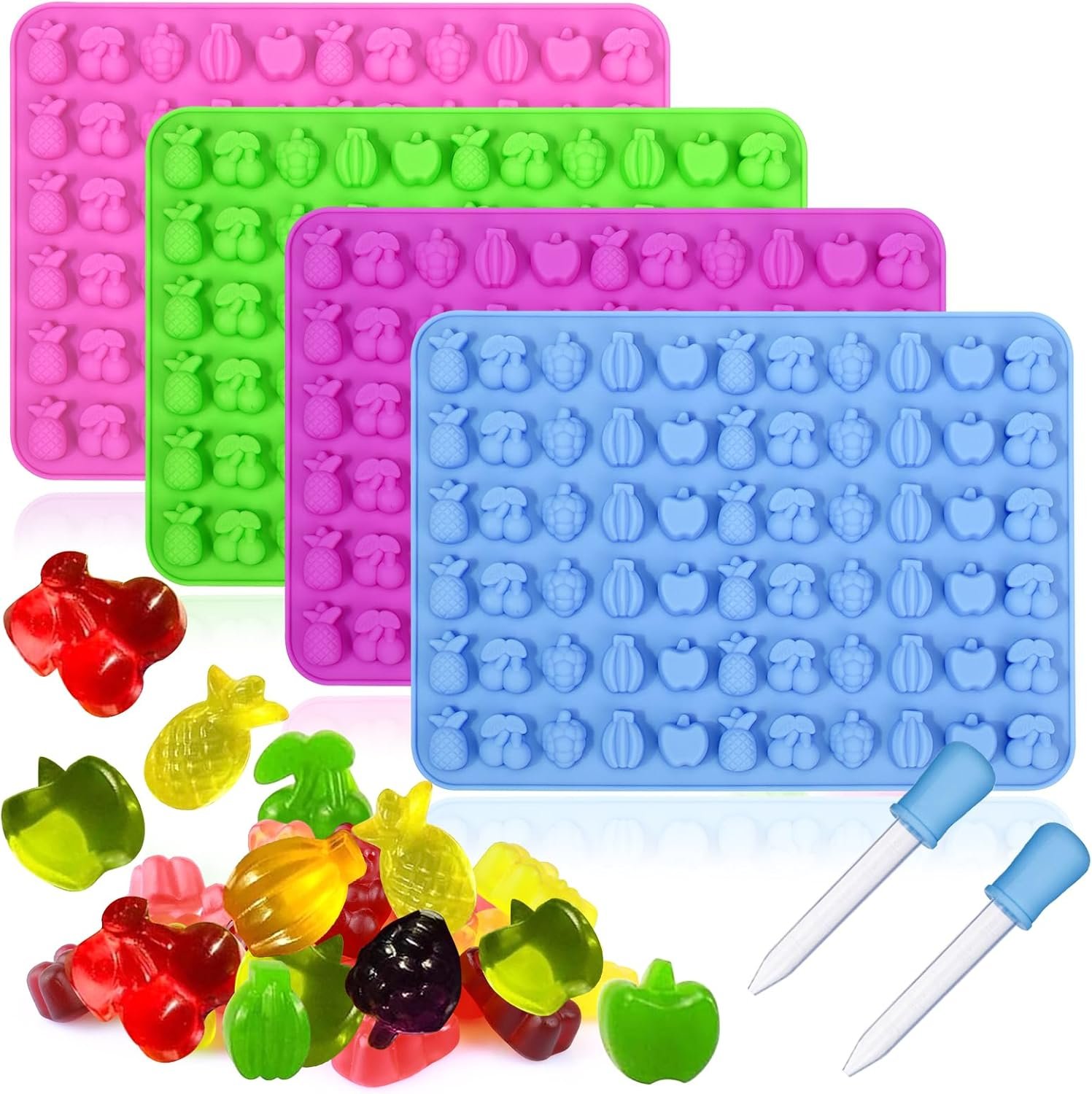 Palksky 4PCS Fruit Snack Molds Silicone, Gummy Molds Trays with Dropper for Candy Chocolate Gummies Baking(Cherries Grape Banana Apple Pineapple)