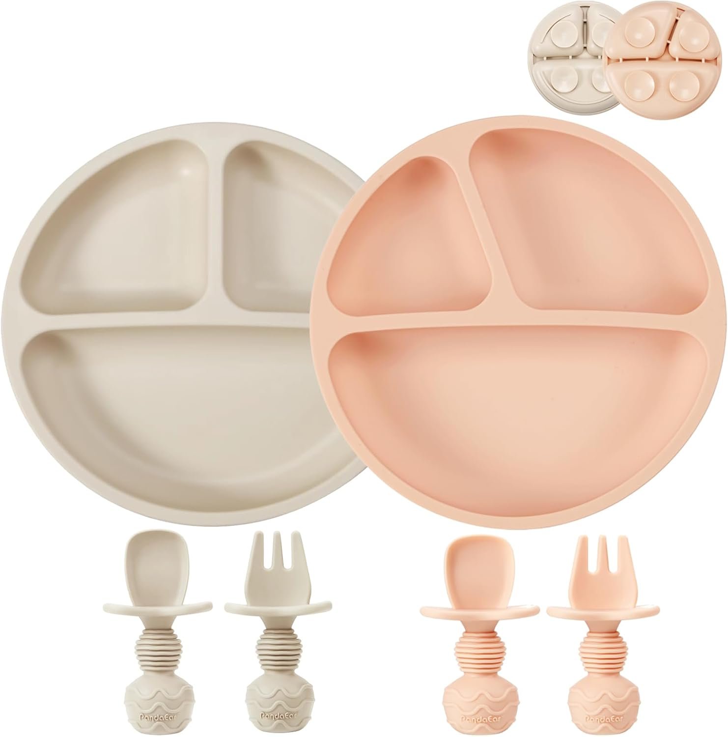 PandaEar 2 Pack Silicone Divided Suction Plates with 2 Spoons 2 Forks for Babies & Toddlers | Baby Led Weaning Supplies Self Feeding Eating Utensils | BPA-Free Silicone Baby Feeding Set -Pink & Linen