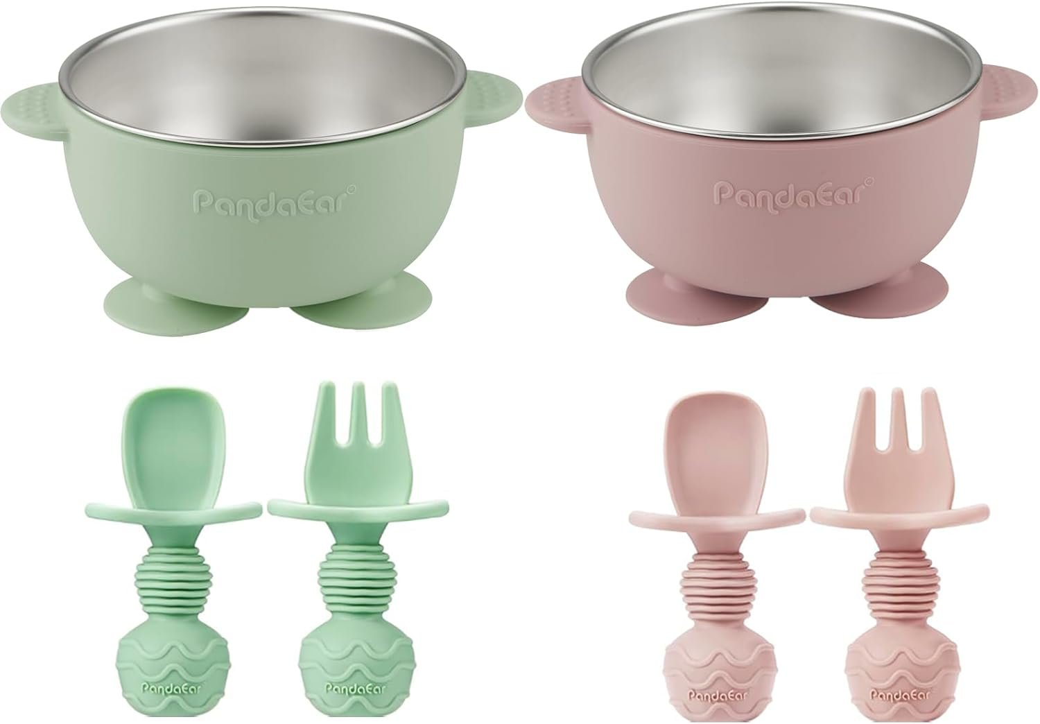 PandaEar 2 Pack Stainless Steel Baby Suction Bowls & 4 Pcs Silicone Baby Utensils Set, Non-Slip Toddler Food Bowls with Silicone Sleeve & Anti-Choke Spoon Fork Set for Babies Led Weaning