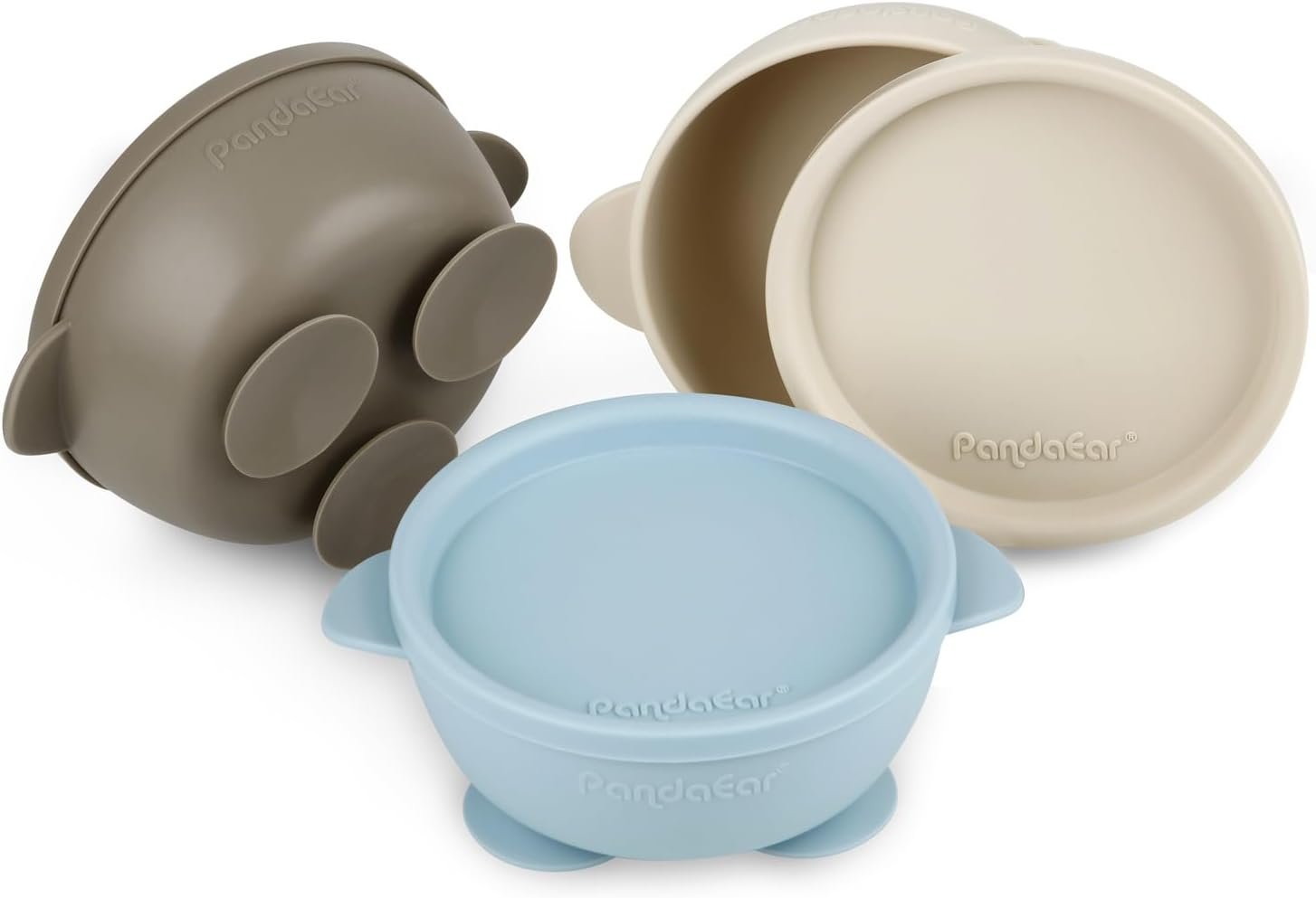 PandaEar 3 Pack Baby Suction Bowls with Lids| Leak-Proof Stay Put Silicone Food Bowl for Babies Kids Toddlers Infants| Food Grade Soft Safe BPA-Free Silicone (Blue Brown Tan)
