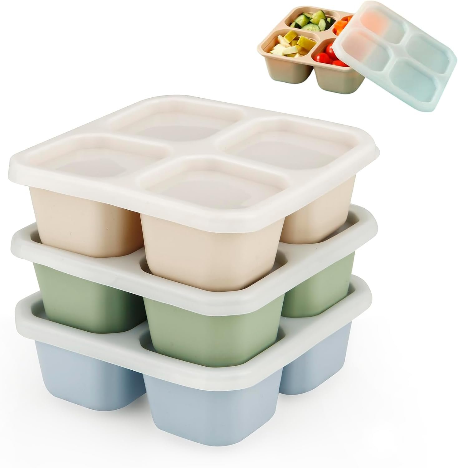 PandaEar 3 Pack Snack Containers, 4 Compartment Silicone Bento Lunch Snack Box with Lids, Reusable Divided Meal Snack Containers for Adults Kids Toddler, Food Storage Containers for School Work Travel