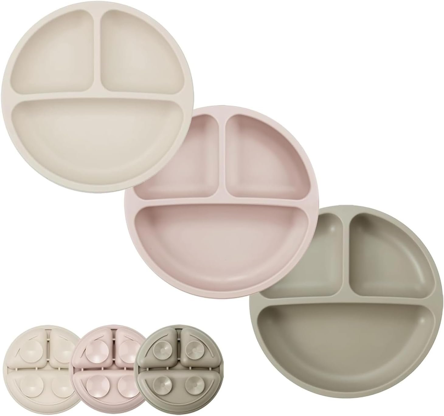 PandaEar 3 Pack Toddler Plates, Divided Suction Silicone Baby and Toddler Plates,Non-Slip - Dishwasher and Microwave Safe (Brown Tea Flax)
