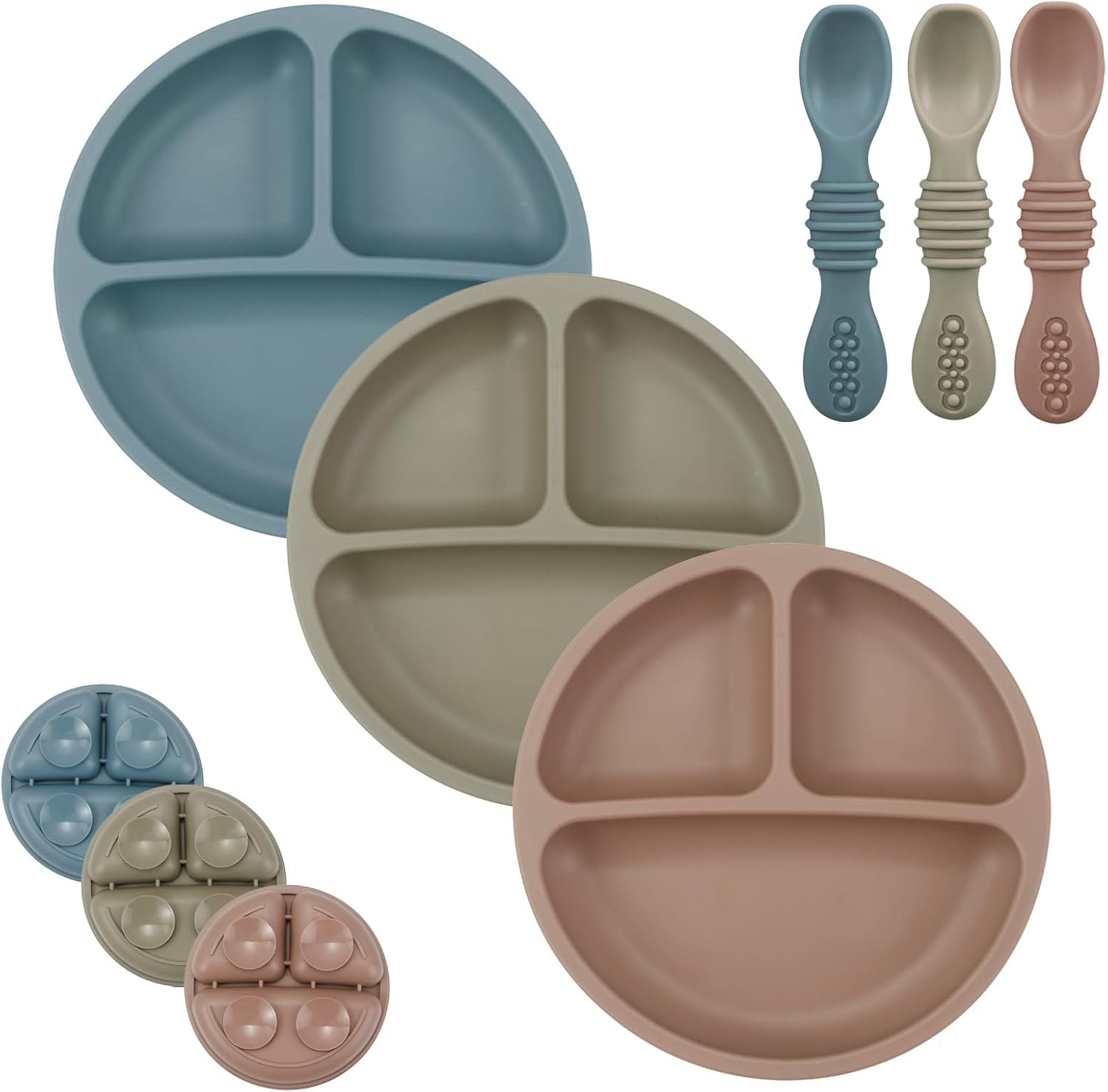 PandaEar Baby Feeding Set, 3 Pack Toddler Plates with 3 Spoons, 100% Silicone Divided Suction Plate for Babies, BPA-Free, Dishwasher and Microwave Safe -Blue/Red/Brown