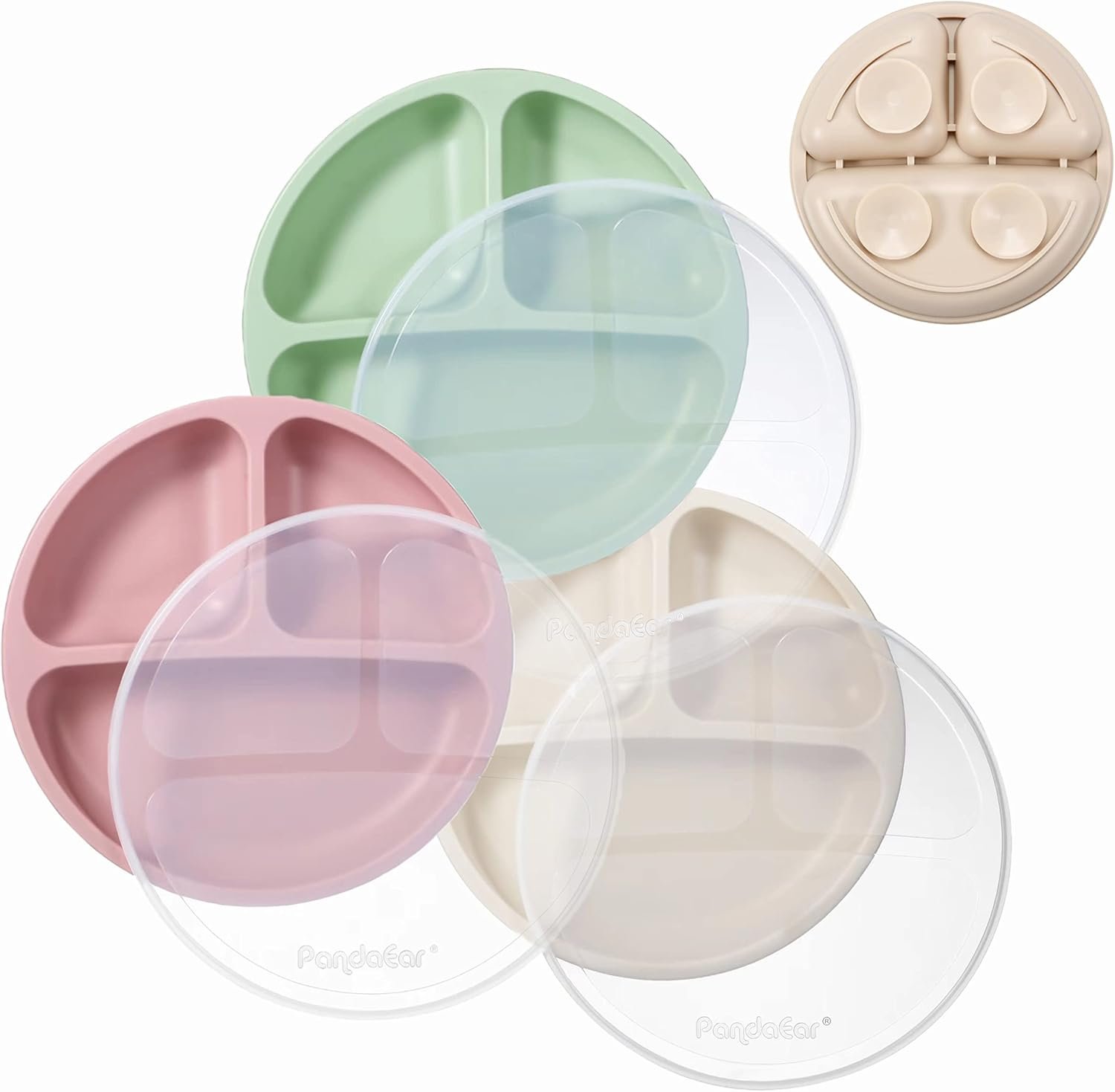 PandaEar Silicone Suction Plates for Babies & Toddlers, 3 Pack Divided Unbreakable Plates with Lid - Non-Slip - Dishwasher and Microwave Safe (Pink Green Light Tan)