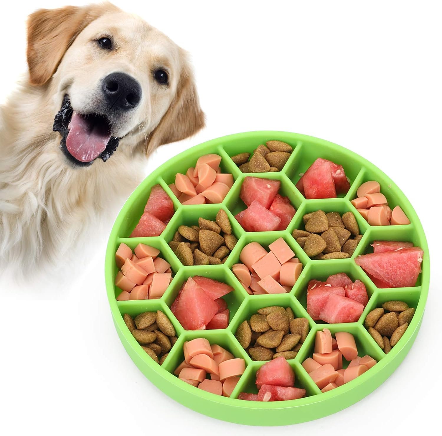 Pawow Slow Feeder Dog Bowls, Silicone Dog Bowl with Suction Cup for Large, Medium, Small Breed Pet,Honeycomb Shape & Non-Slip Design, Boredom and Anxiety Reducer Slow Feeder(Green)