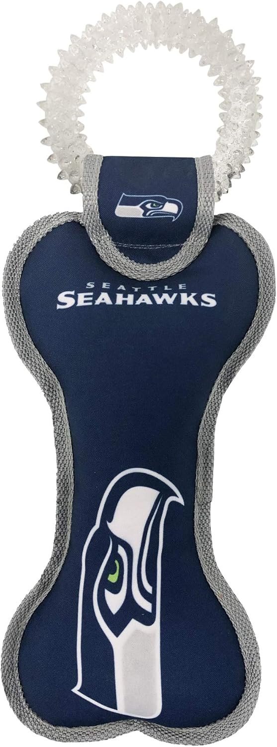 Pets First NFL Seattle Seahawks Dental Dog TUG Toy with Squeaker. Tough PET Toy for Healthy Fun, Teething & Cleaning Pet's Teeth & Gum., Team Color, one Size (SEA-3310)
