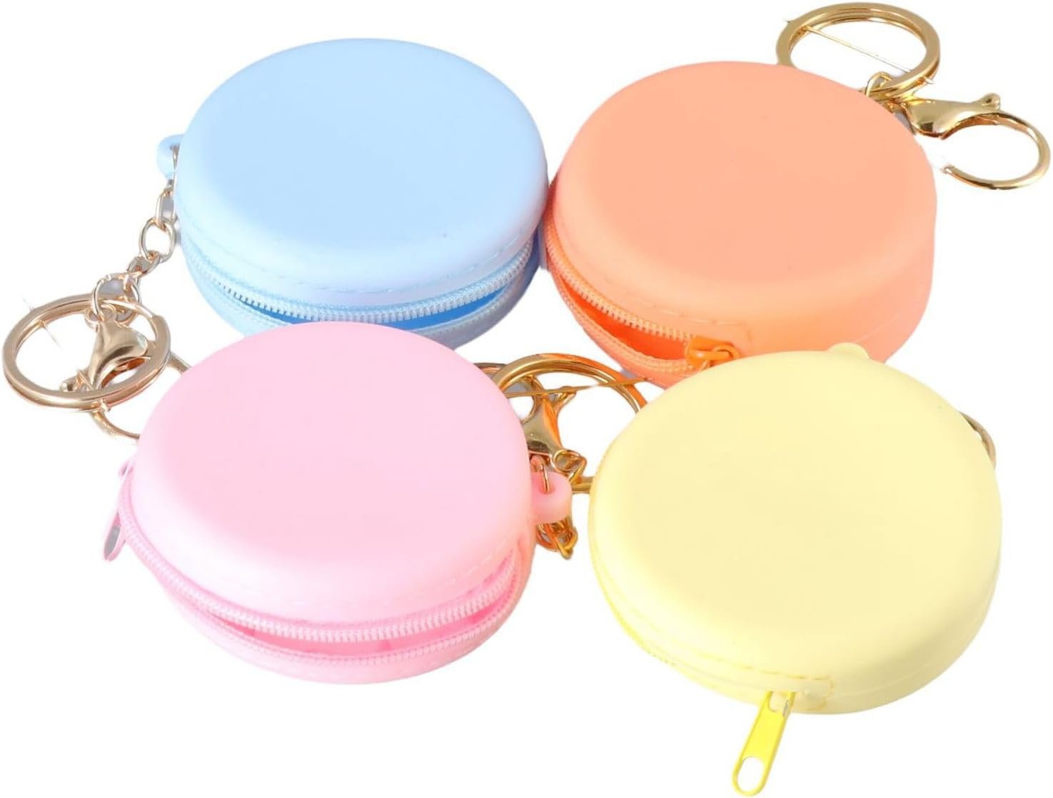 Pokinge 4Pcs Silicone Coin Wallet With Zipper Solid Color Round Headset Bag Keychain Lovely Mini Wallet Key Ring Women Coin Pouch Gift